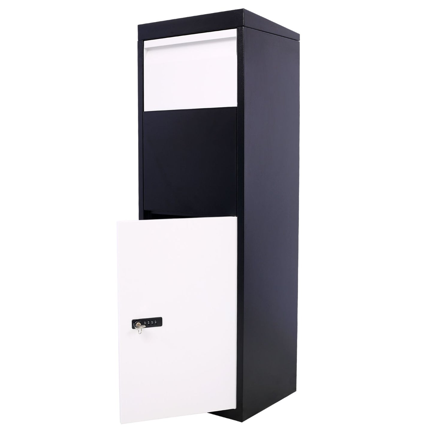 Package Delivery Box, 14'' x 11.3'' x 42'', Galvanized Steel Parcel Mailbox w/Code Lock & Mounting Hardware, for Outdoor Porch, Curbside, Black and White - Discount Msrp