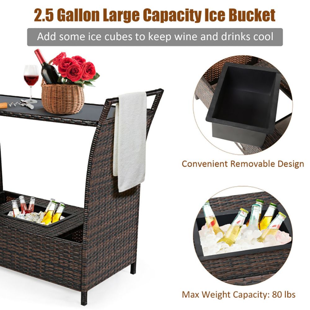 Patio Rattan Bar Serving Cart with Glass Top and Handle - Discount Msrp