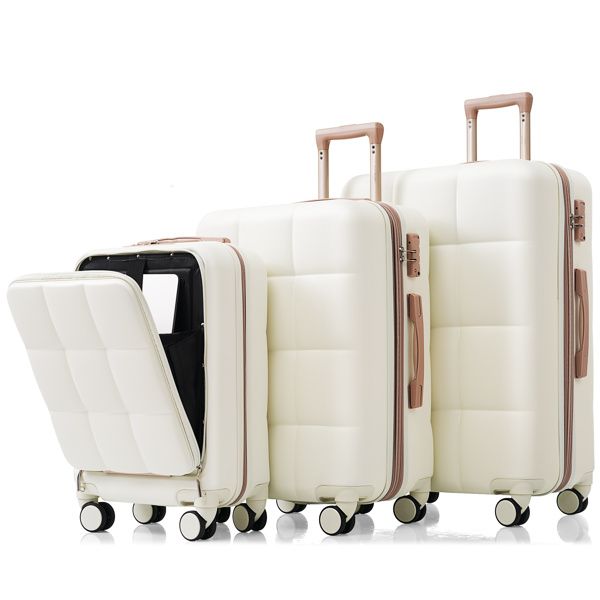 Luggage Sets 3 Piece, 20-inch with USB Port and front opening design, ABS Hard Shell Luggage with Spinner Wheels, Cup Holder, white - Discount Msrp