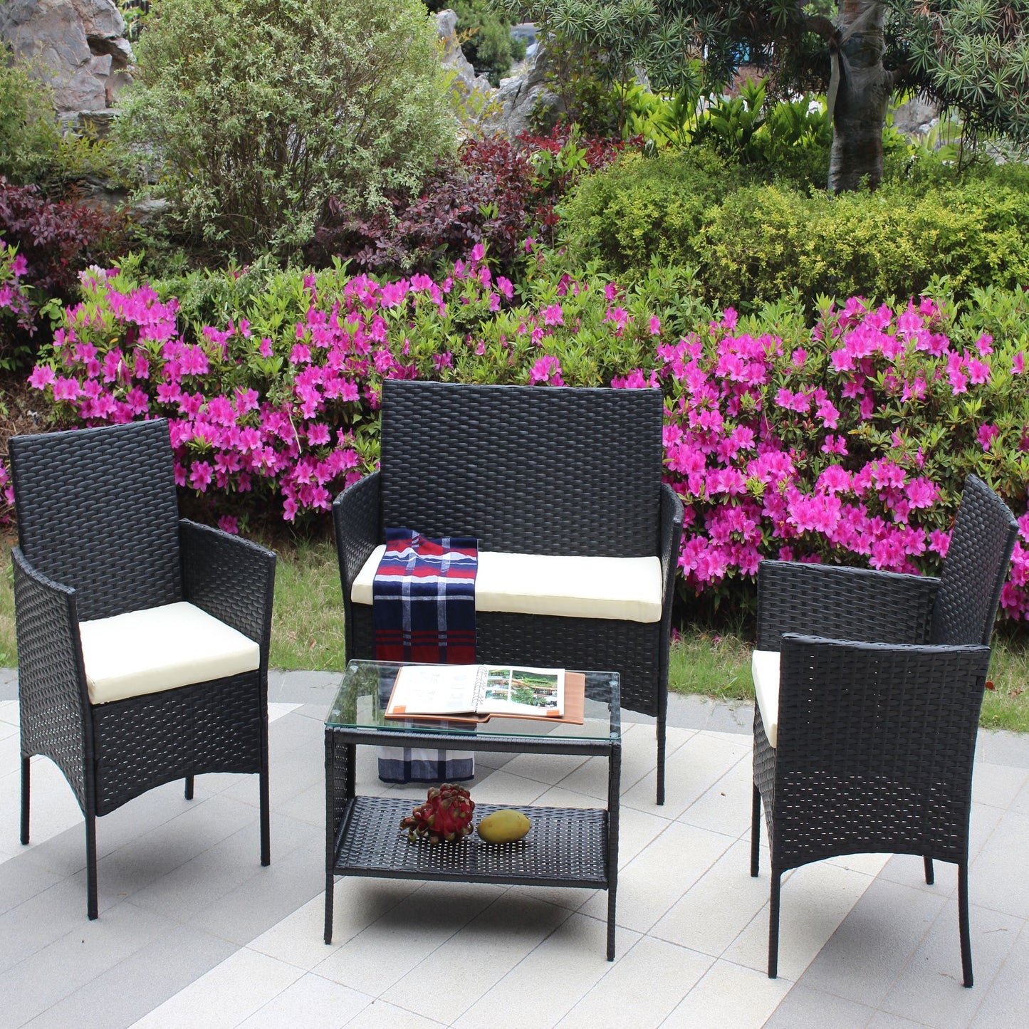 4 PC Rattan Patio Furniture Set Outdoor Patio Cushioned Seat Wicker Sofa - Discount Msrp