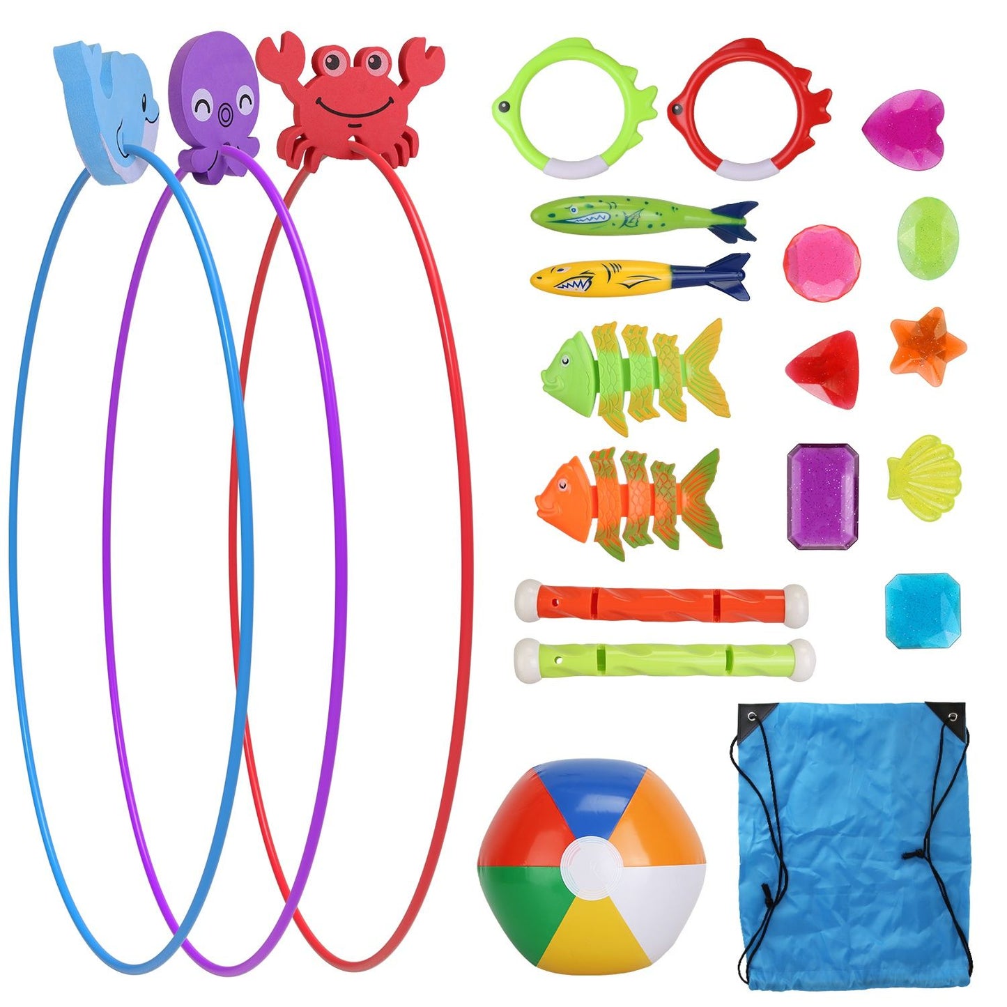 24Pcs Diving Toys Swimming Pool Toys Swim Toys for Kids Aged 3+ Years Old Swim Thru Rings Torpedoes Gems Volleyball Storage Bag - Discount Msrp