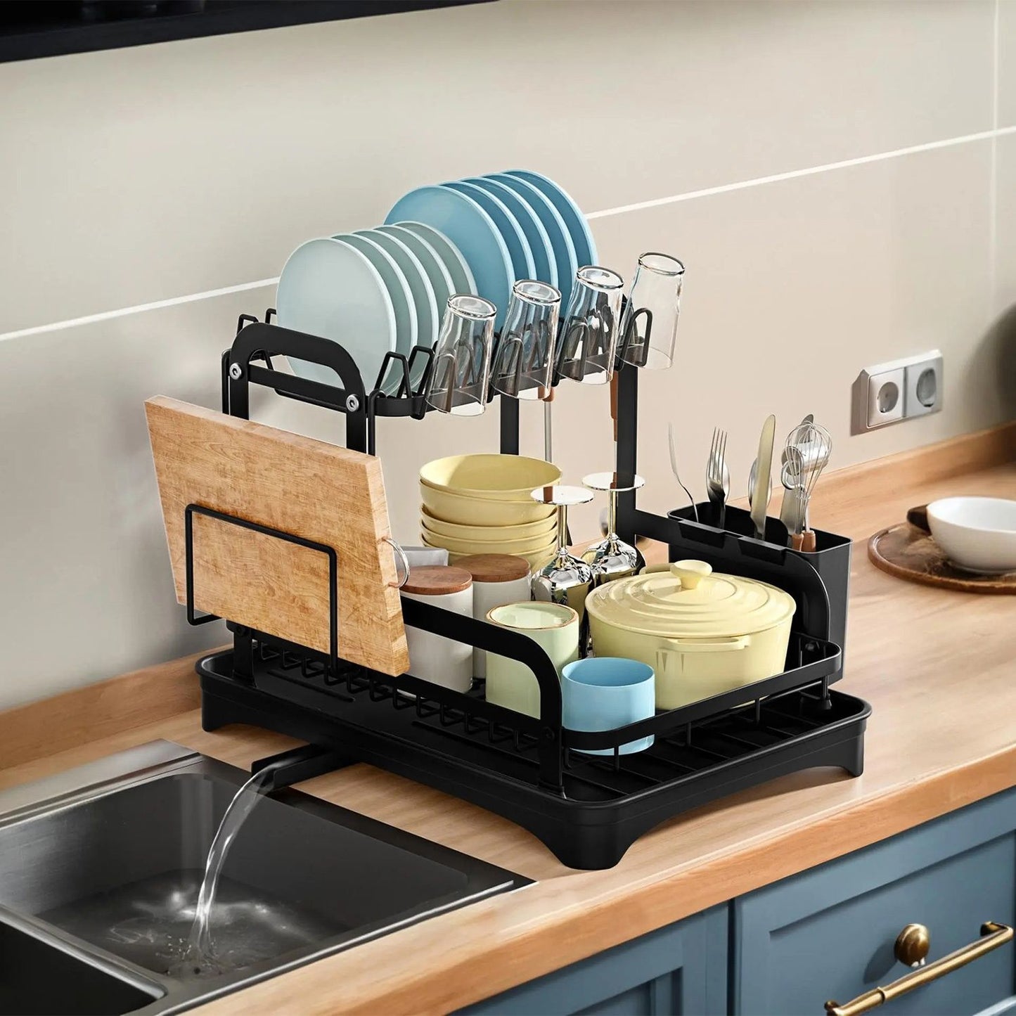 2-Tier Dish Drying Rack for Kitchen Counter Space Saving Rustproof Dish Rack with Drainboard Detachable Kitchen Drainer Organizer Set - Discount Msrp