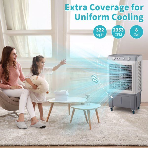 3 in 1 Portable Evaporative Cooler,Indoor,Outdoor,2353CFM Personal Air Cooler,7.9 Gal Large Water Tank & Scroll Casters, 4 Ice Packs,White, Manual control - Discount Msrp