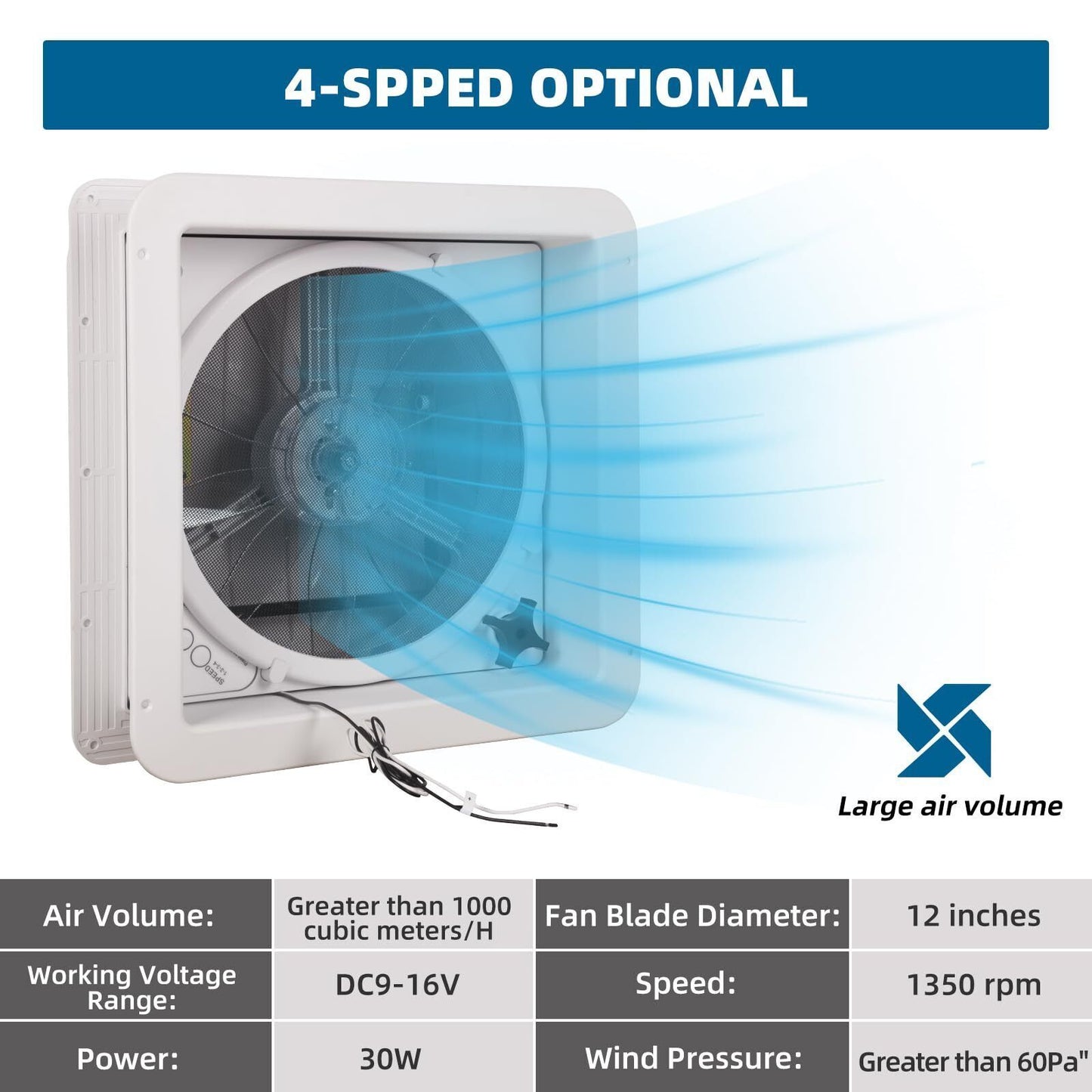 RV Roof Vent Fan 14" with LED Light,4 Speed Reversible 12V RV Exhaust Fan Low Noise,UV Protection,Manual Open for Camper,Travel,Cargo Trailer - Discount Msrp