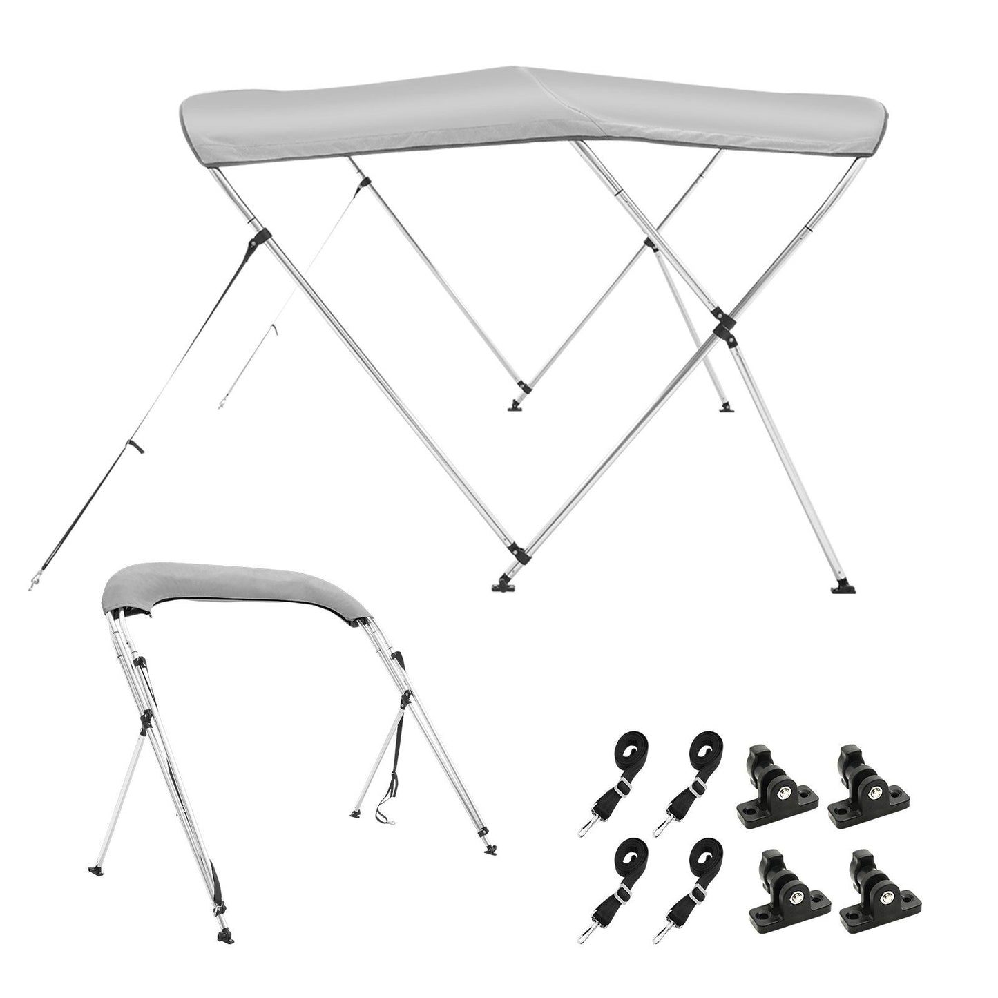 VEVOR 3 Bow Bimini Top Boat Cover, 900D Polyester Canopy with 1" Aluminum Alloy Frame, Waterproof and Sun Shade, Includes Storage Boot, 4 Straps, 2 Support Poles, 6'L x 46"H x 61"-66"W, Light Grey - Discount Msrp