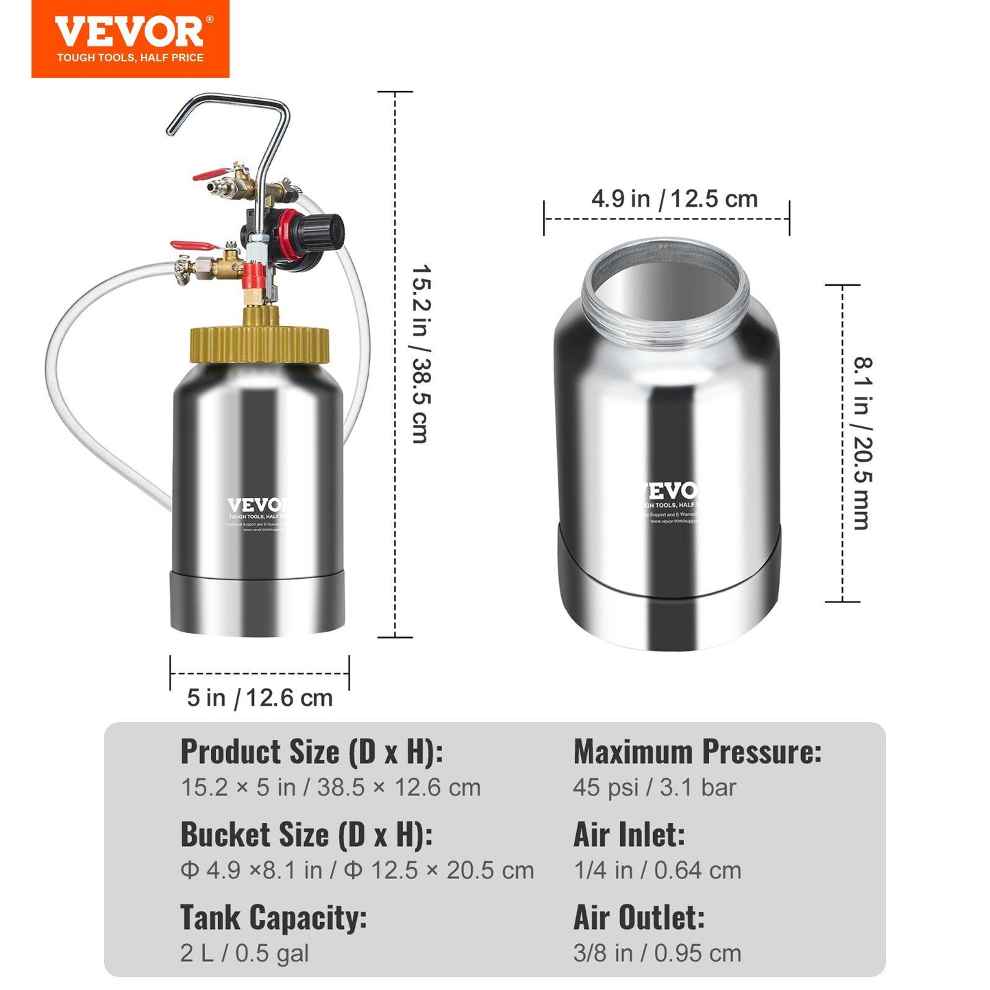 VEVOR 2L/0.5gal Spray Paint Pressure Pot Tank, Lightweight Air Paint Pressure Pot, 1.8mm Nozzle Spray Paint Gun 3m Hoses for Home Decoration Architecture Construction Automotive Painting, 45PSI Max - Discount Msrp
