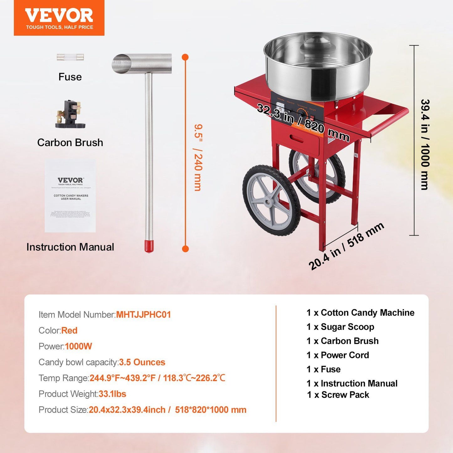VEVOR Electric Cotton Candy Machine with Cart, 1000W Commercial Candy Floss Maker with Stainless Steel Bowl, Sugar Scoop and Drawer, Perfect for Home, Kids Birthday, Family Party, Red - Discount Msrp
