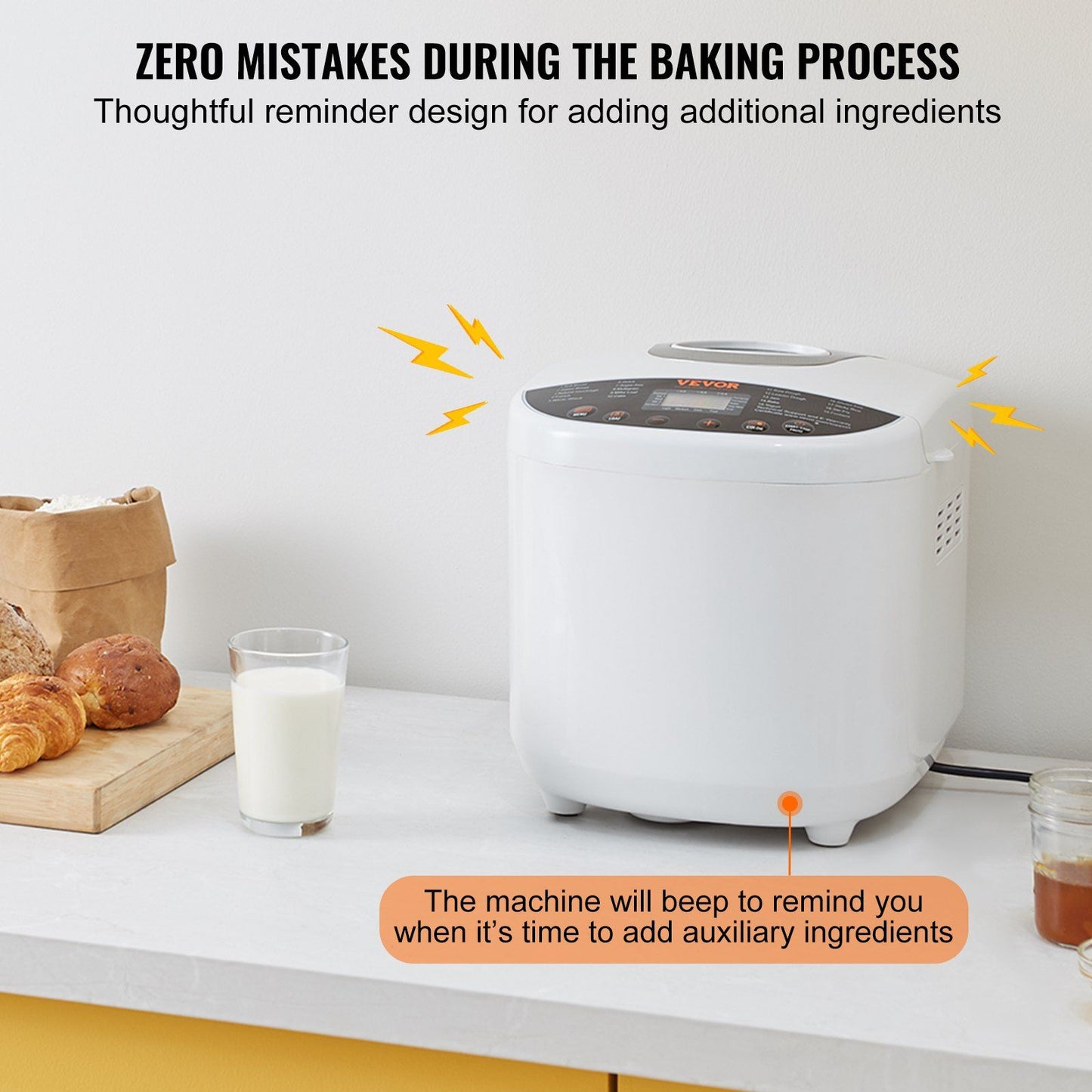 VEVOR Bread Maker, 19-in-1 2LB Dough Machine, Nonstick Ceramic Pan Automatic Breadmaker with Gluten Free Setting, Whole Wheat Bread Making, Digital, Programmable, 3 Loaf Sizes, 3 Crust Colors, White - Discount Msrp