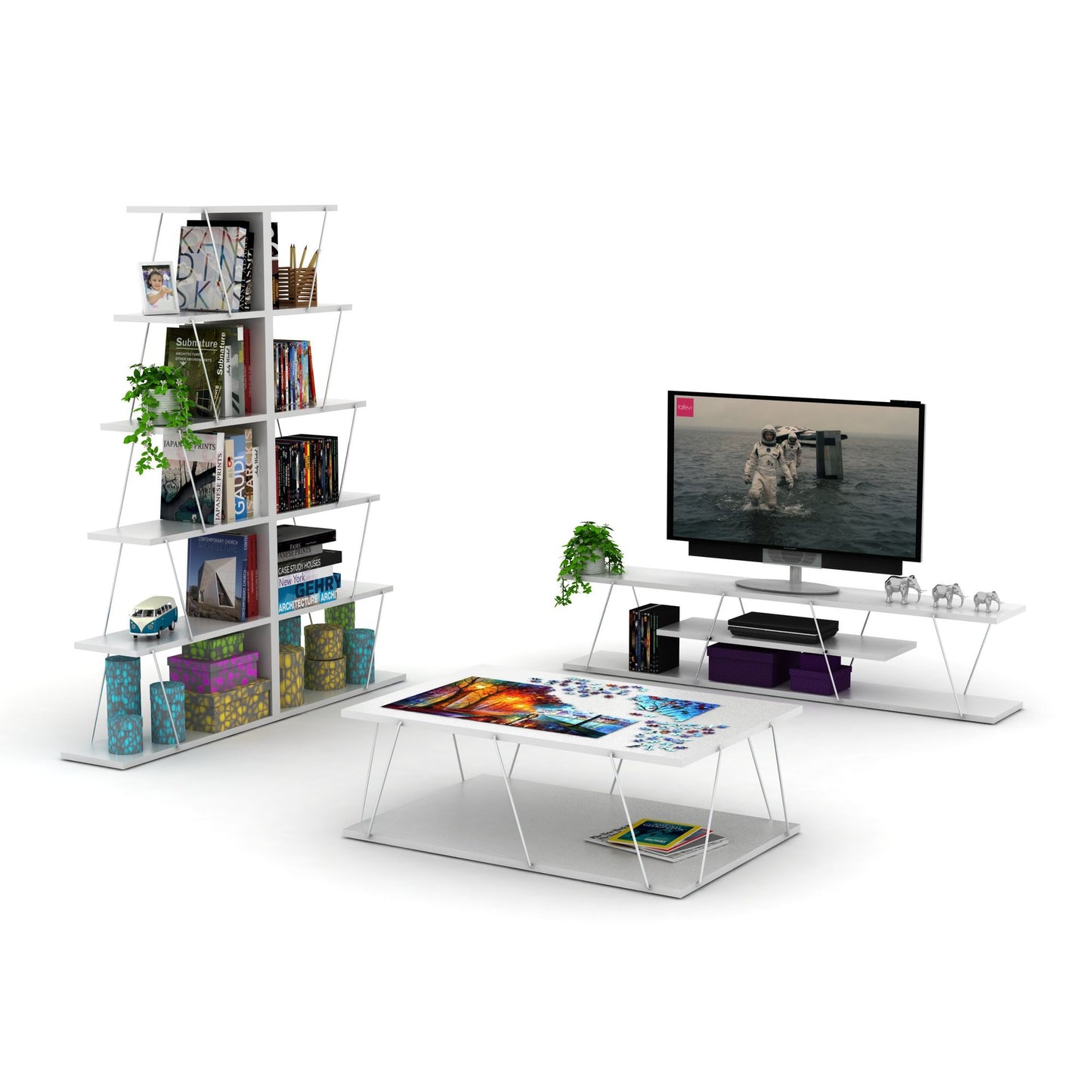 FurnisHome Store Tars Mid Century Modern Tv Stand 4 Shelves Open Storage Metal Cords Entertainment Centre 56 inch Low Tv Unit, White/Chrome - Discount Msrp