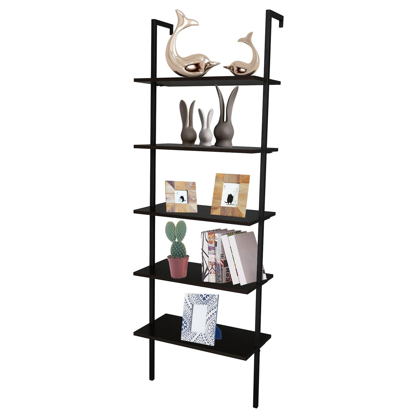 5-Shelf Wood Ladder Bookcase with Metal Frame Industrial 5-Tier Modern Ladder Shelf - Discount Msrp
