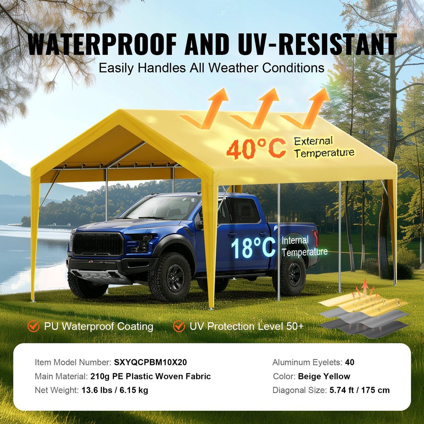 VEVOR Carport Replacement Canopy Cover 10 x 20 ft, Garage Top Tent Shelter Tarp Heavy-Duty Waterproof & UV Protected, Easy Installation with Ball Bungees,Beige (Only Top Cover, Frame Not Include) - Discount Msrp