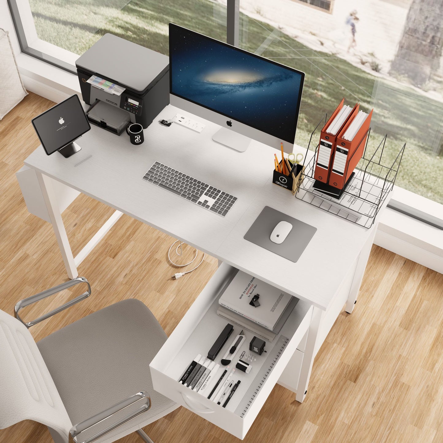 47"office desk with power outlet,3 drawers,Side Pocket, Study Desk Easy to Assemble,Frame stability Reversible for home desk, company computer desk, game table,Vanity table, white - Discount Msrp