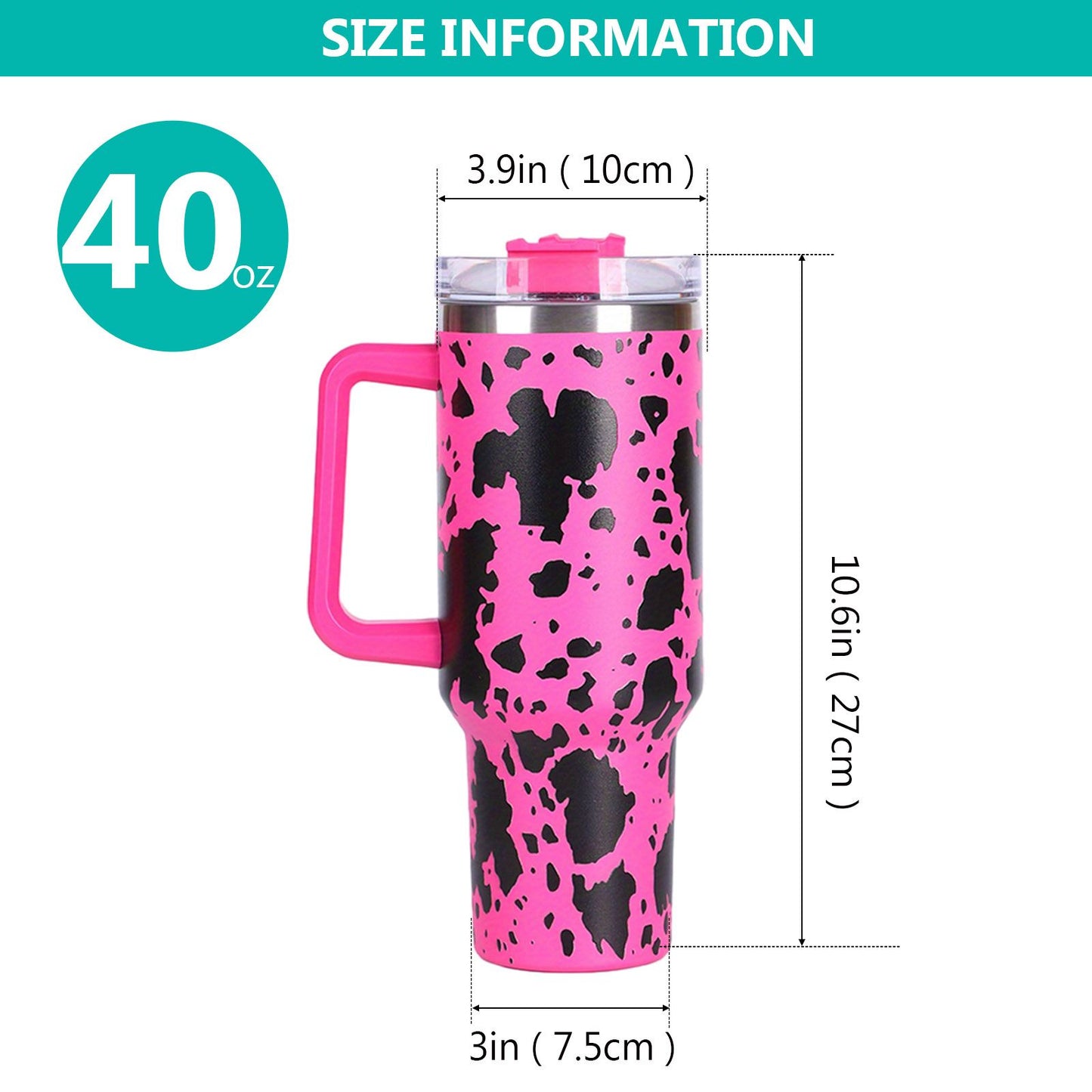 40oz 5D cowprint Insulated Tumbler With Handle And Straw Lid Portable Large Capacity water bottle, Heat preservation,304 Stainless Steel Cup For Outdoor Sports, Travel & Camping Birthday Gift - Discount Msrp