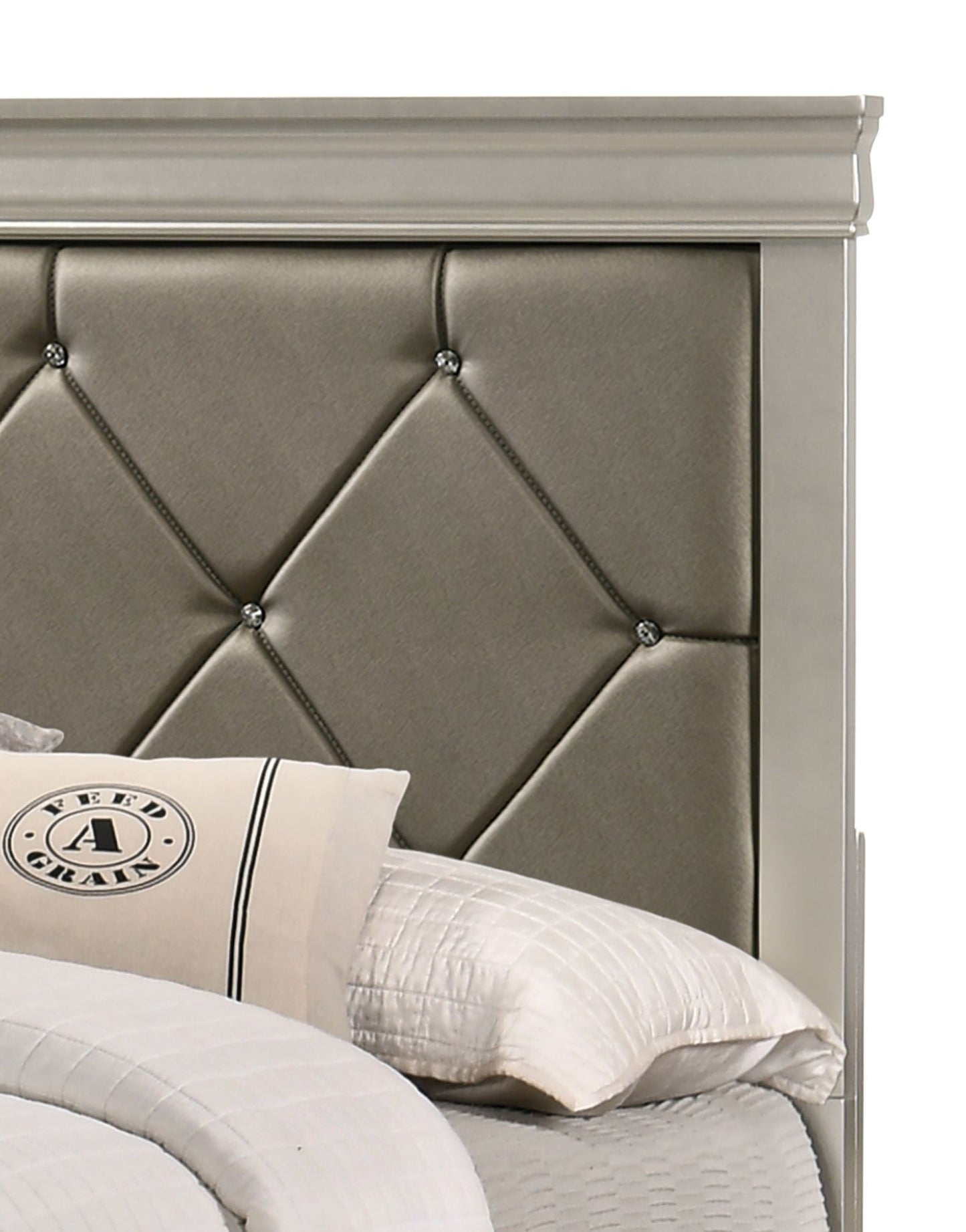 Modern 1pc Beige Champagne Finish King Size Panel Bed Wooden Crocodile Texture PU Upholstered Headboard Crystal-Like Button Tufted Fabric Bedroom Furniture - Discount Msrp