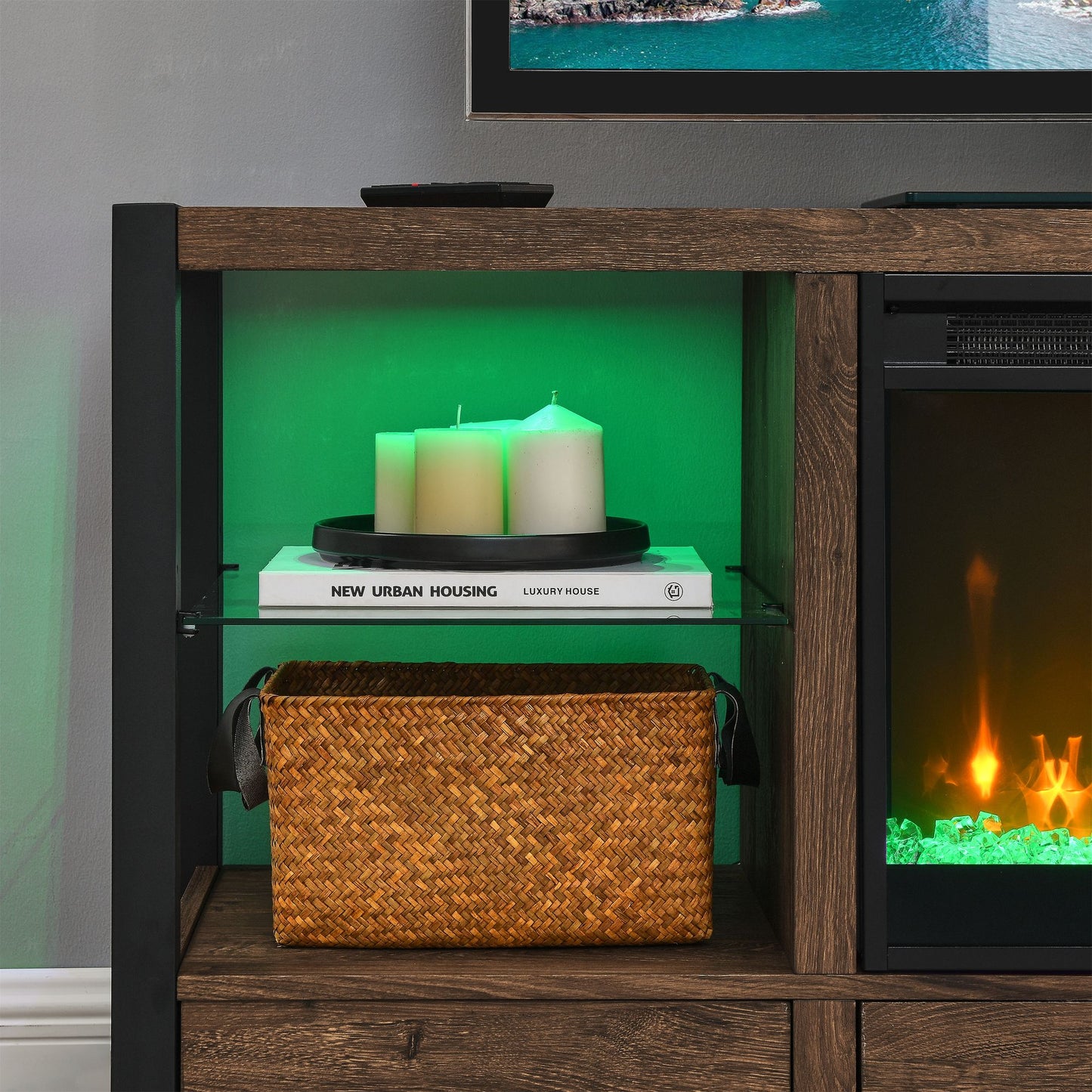 60 inch Electric Fireplace Media TV Stand With Sync Colorful LED Lights-Reclaimed Barnwood Color - Discount Msrp
