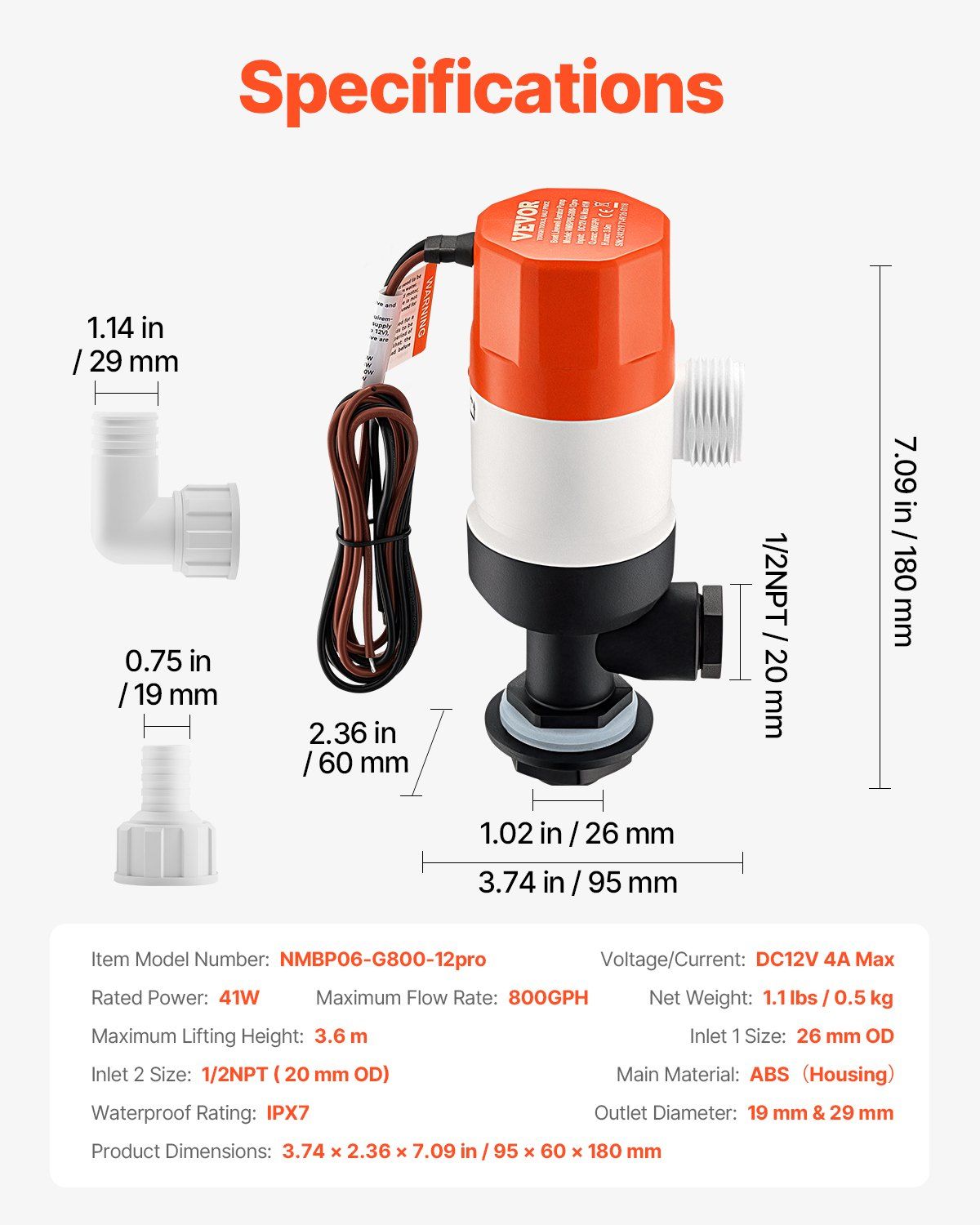 Livewell Pump for Boat 12V 800 GPH Livewell Aerator Pump Straight 2 Inlets - Discount Msrp
