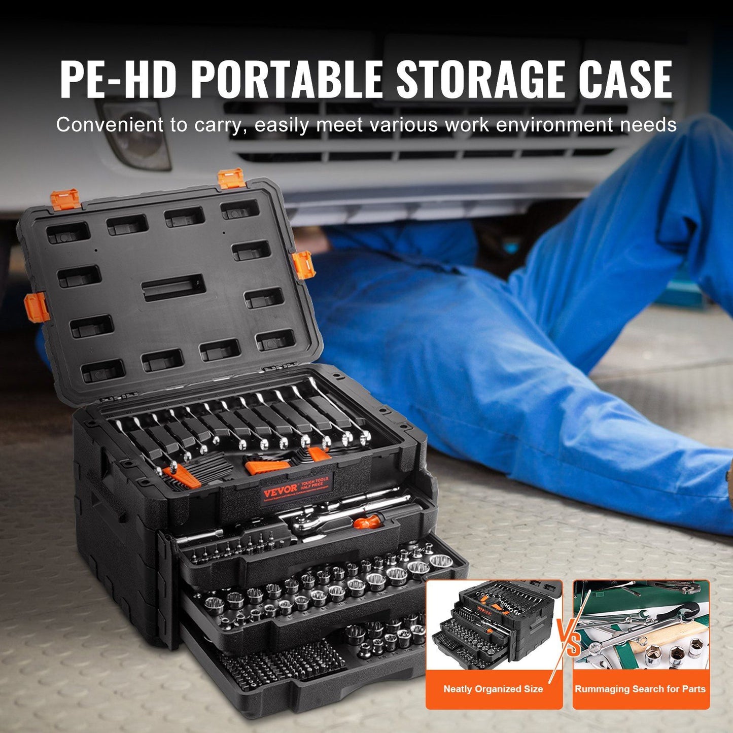 VEVOR Mechanics Tool Set and Socket Set, 1/4" 3/8" 1/2" Drive Deep and Standard Sockets, 450 Pcs SAE and Metric Mechanic Tool Kit with Bits, Hex Wrenches, Combination Wrench, Accessories, Storage Case - Discount Msrp