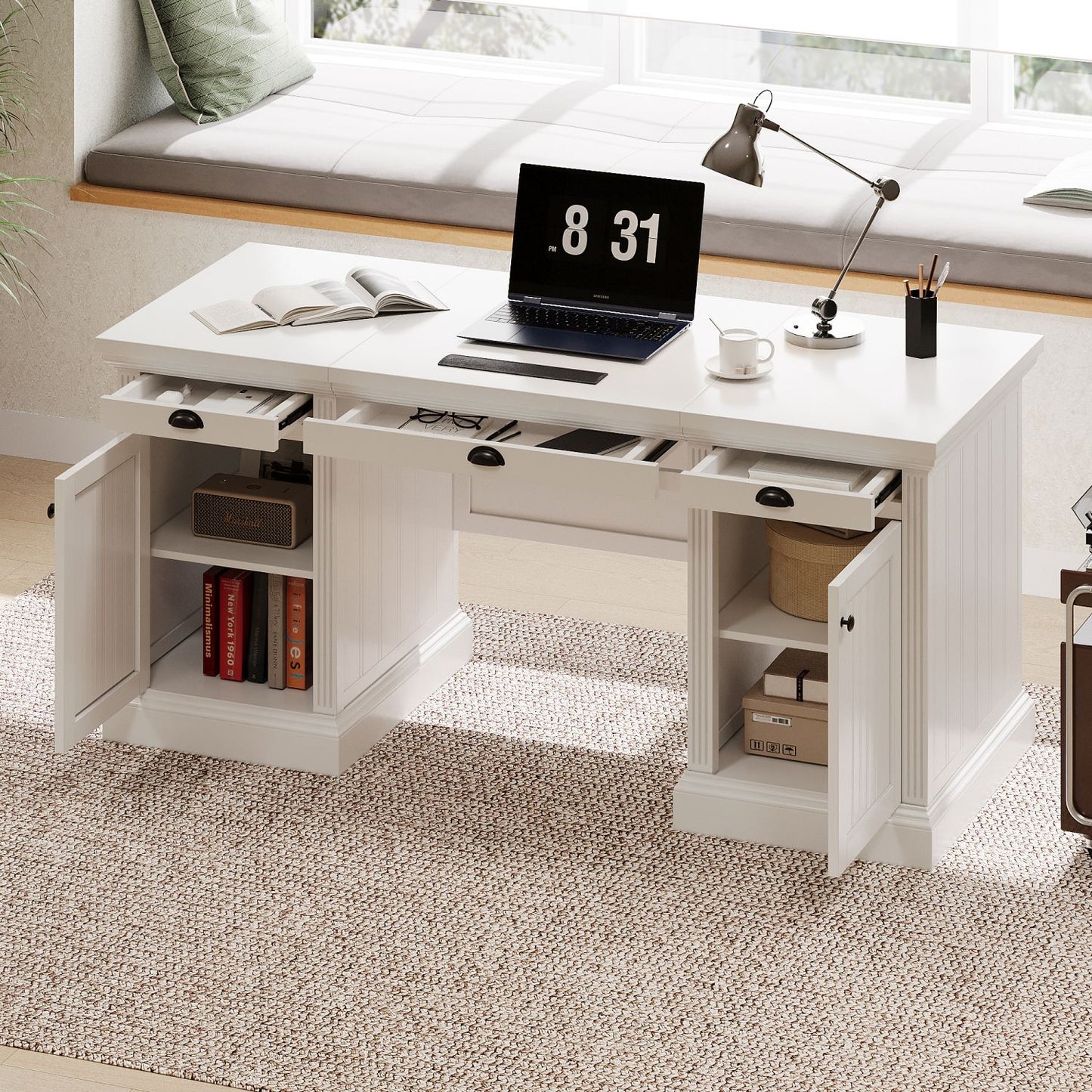67''Modern Executive Desk,Computer Desk with 2 Storage Cabinet and 3 Drawers, Rectangle Home Office Desk with back ,Reading Desk,Writing Table,Workstation for Home Office,Living Room,study,White - Discount Msrp