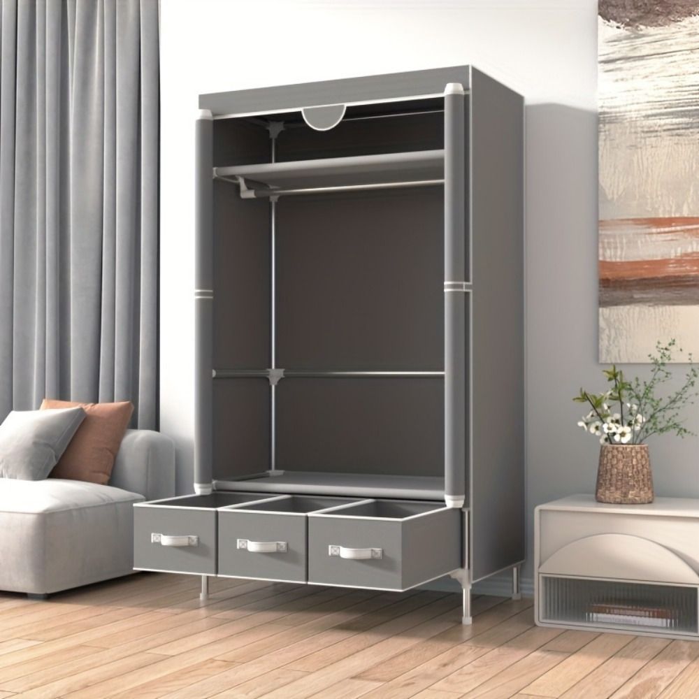 Portable Clothes Closet Rolling Door Wardrobe with Hanging Rack Non-Woven Fabric Storage Organizer with Three Drawer Boxes No-Tool Assembly - 67in*35.4in*17.7in(Gray) - Discount Msrp