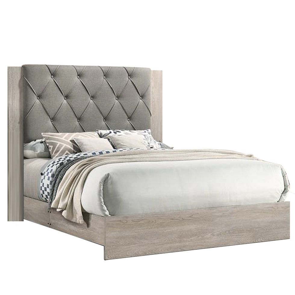 Contemporary 1pc Cream Finish California King Size Bed Bedroom Furniture Gray Tufted Design Headboard Rubberwood 1pc Bedframe - Discount Msrp