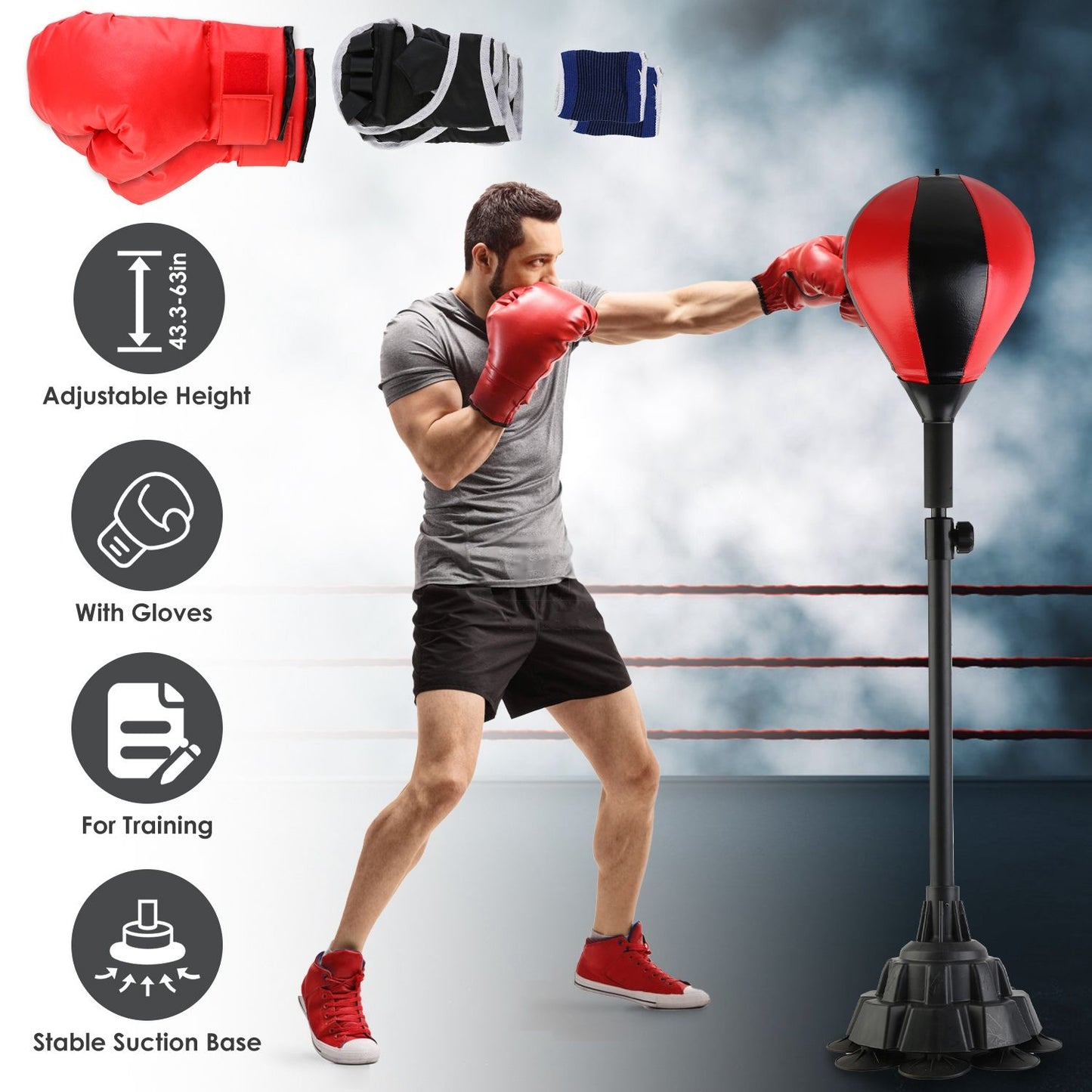 Punching Bag with Stand Free Standing Boxing Ball for Adults 43.3-63in Height Adjustable Boxing Bag with Gloves Wrist Sleeves Stable Suction Base for Fitness Speed Training GPCT5420 - Discount Msrp