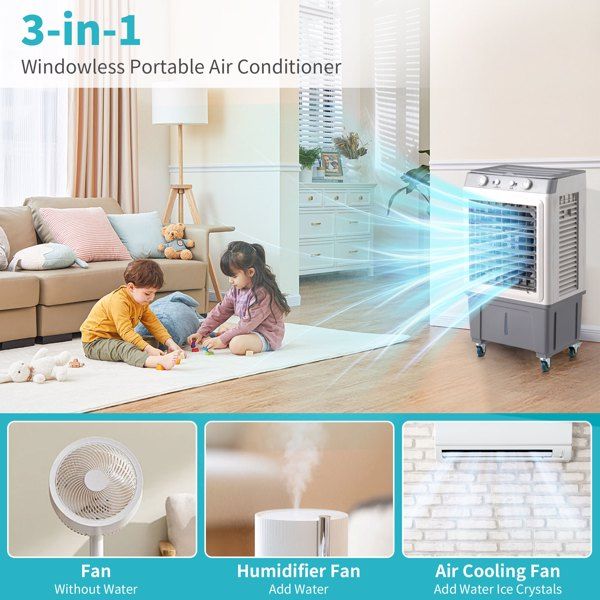 3 in 1 Portable Evaporative Cooler,Indoor,Outdoor,2353CFM Personal Air Cooler,7.9 Gal Large Water Tank & Scroll Casters, 4 Ice Packs,White, Manual control - Discount Msrp