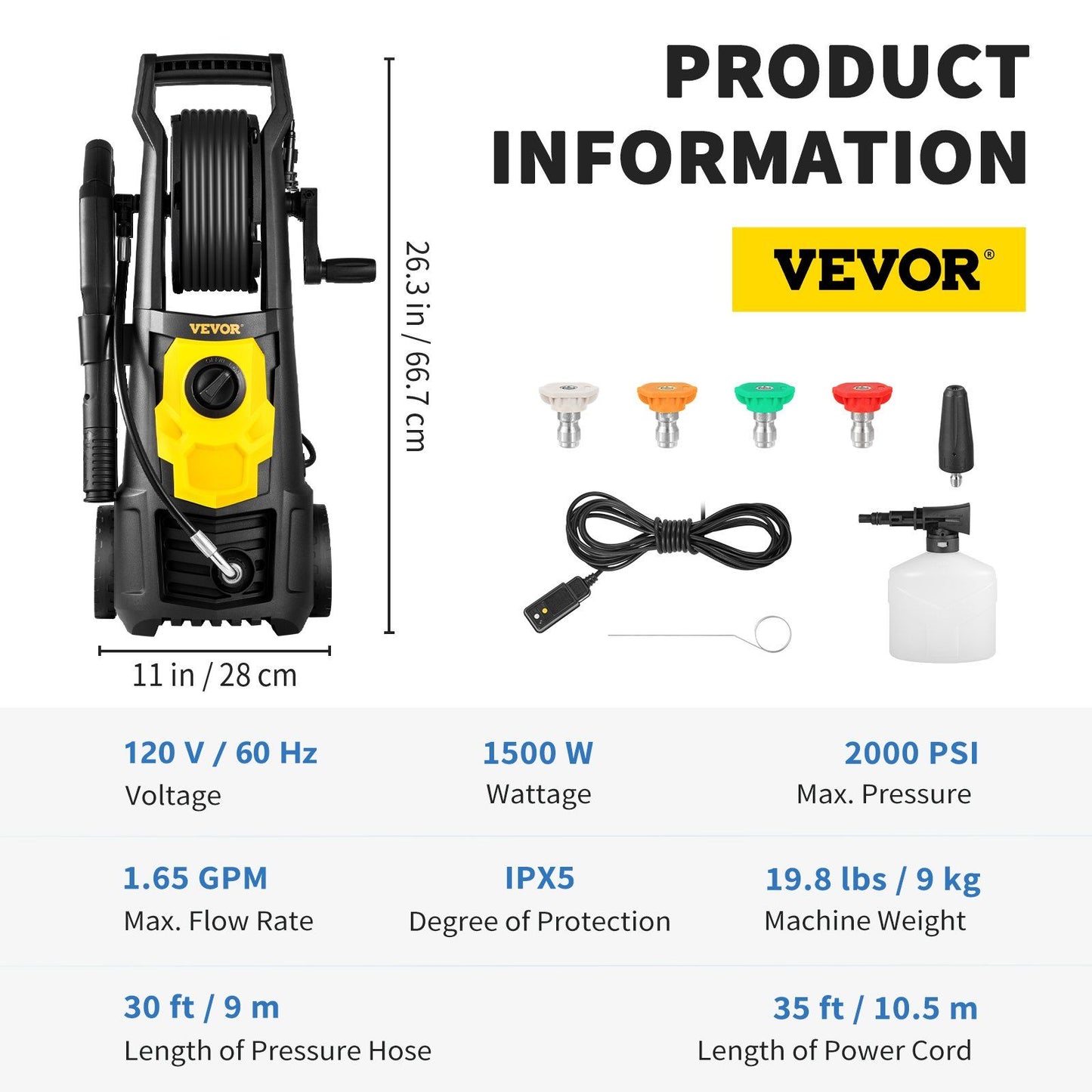 VEVOR Electric Pressure Washer, 2000 PSI, Max 1.65 GPM Power Washer w/ 30 ft Hose & Reel, 5 Quick Connect Nozzles, Foam Cannon, Portable to Clean Patios, Cars, Fences, Driveways, ETL Listed - Discount Msrp