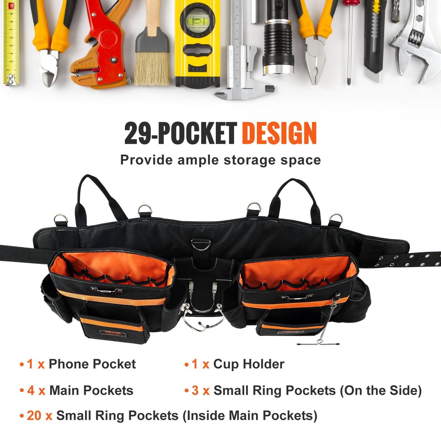 VEVOR Tool Belt with Suspenders, 29 Pockets, 29-54 inches Adjustable Waist Size, Tool Belts for Men, 600D Polyester Heavy Duty Carpenter Tool Pouch for Carpenters, Electricians, and Gardening, Black - Discount Msrp