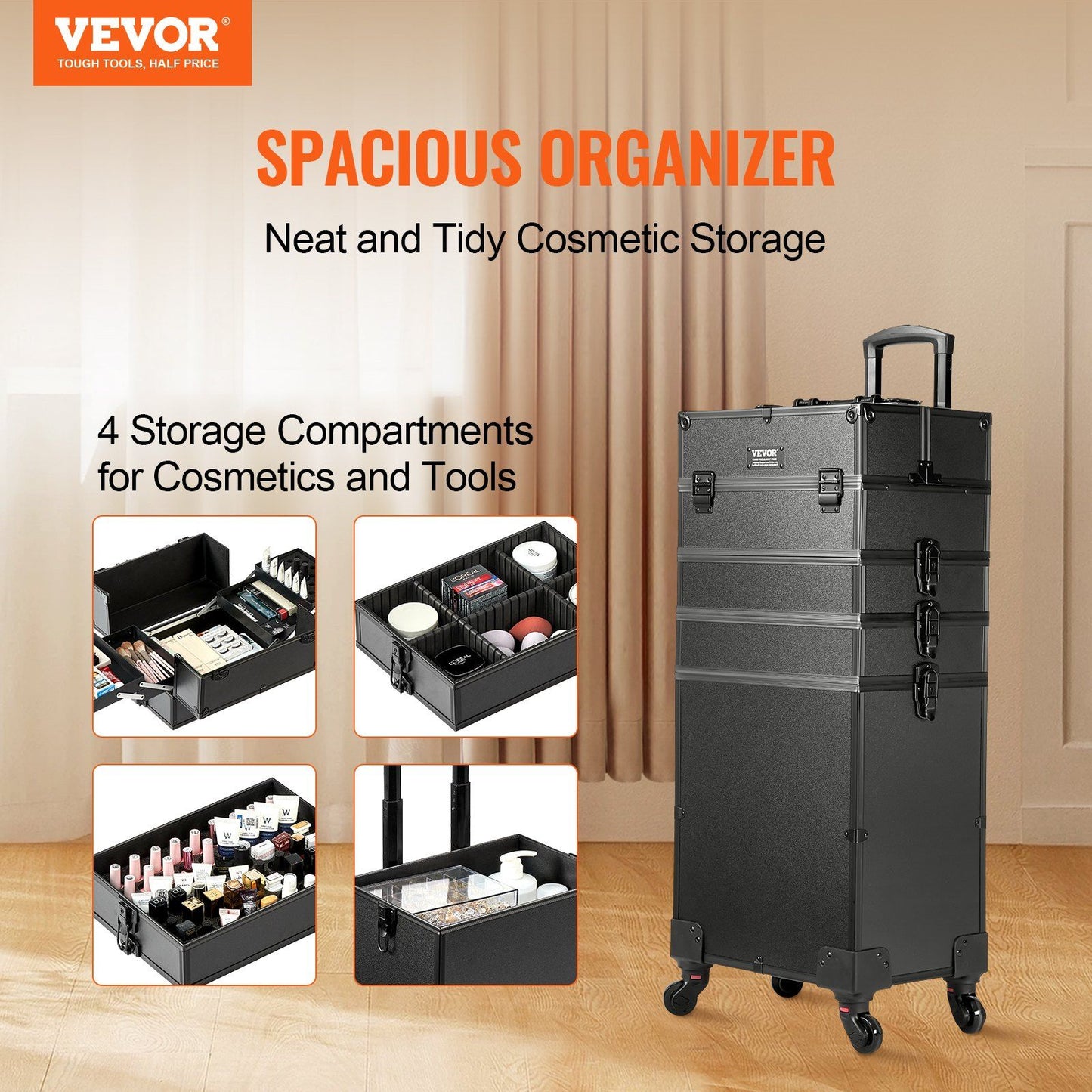 VEVOR 5 in 1 Professional Makeup Train Case Aluminum Cosmetic Case, Rolling Makeup Case Extra Large Trolley Makeup Travel Organizer, with 360° Swivel Wheels & Adjustable Pull Rod, Black - Discount Msrp