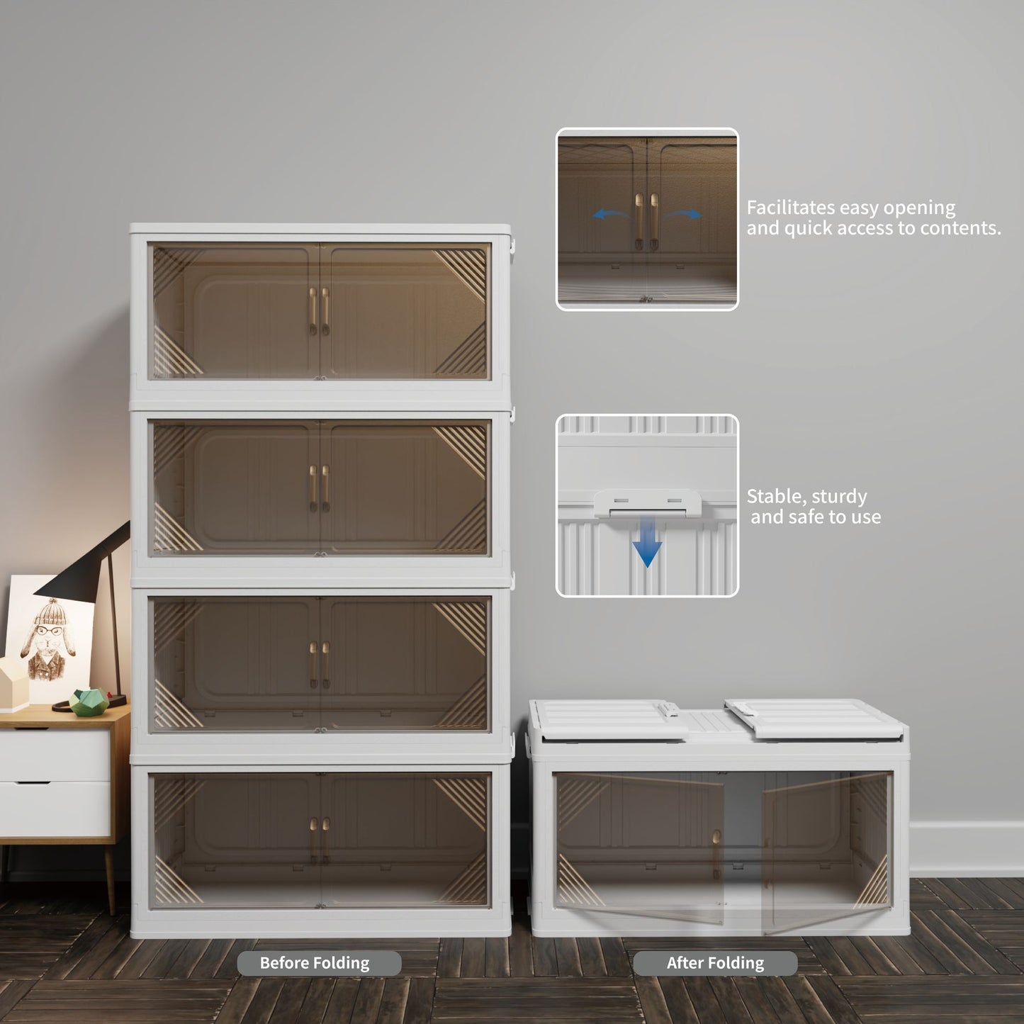 573QT 4-Pack 35.4'' Wide Transparent Plastic Storage Cabinets for Closet Organizers and Storage, Folding Storage Box, Stackable Storage Bins with Open Front Door - Discount Msrp