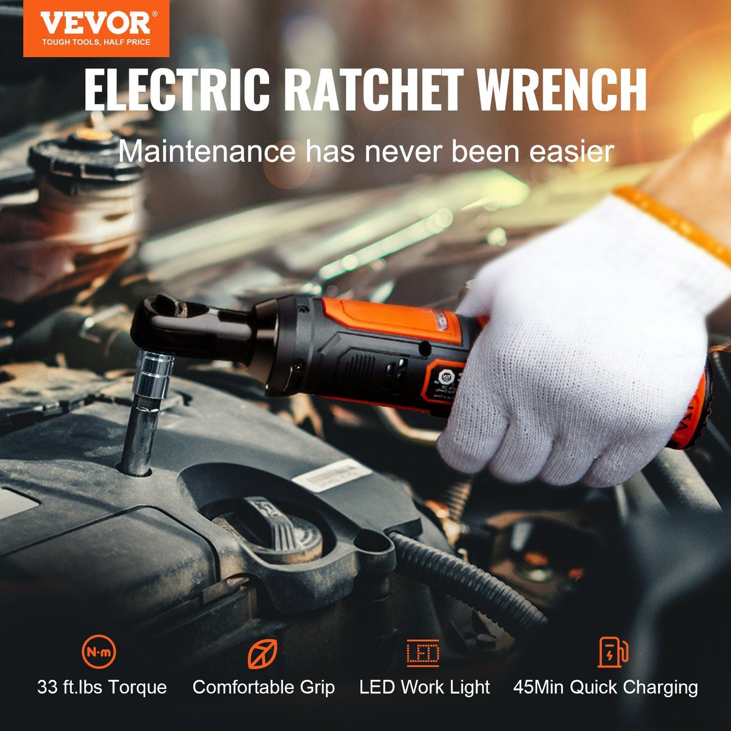VEVOR 3/8" Cordless Electric Ratchet Wrench Set, 12V 33 Ft-lbs Power Ratchet Tool Kit, 45-Min Fast Charge, 2-Pack 2.0Ah Battery, Built-in LED Light, Variable Speed Trigger, 10 Sockets - Discount Msrp
