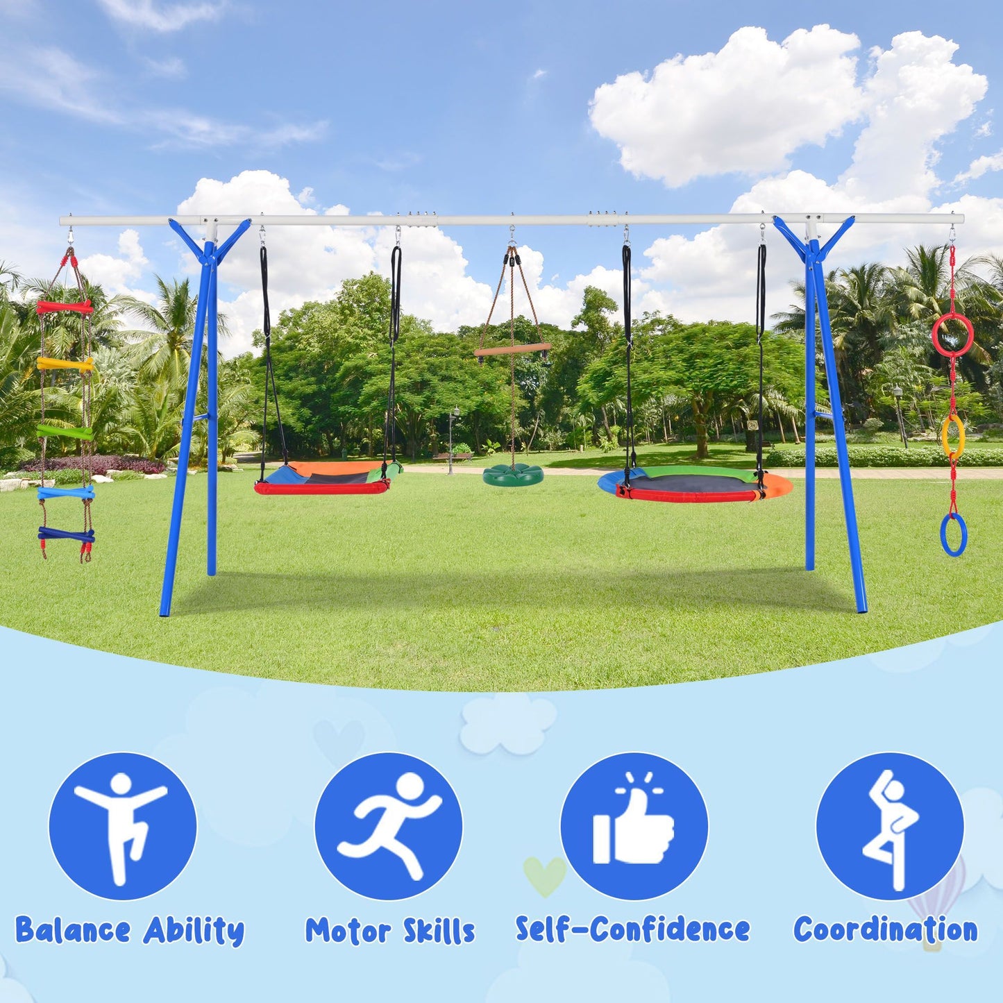 5 in 1 Outdoor Toddler Swing Set for Backyard, Playground Swing Sets with Steel Frame, Multifunction Playsets for Kids with Climbing Ladder, Saucer Swing, Monkey Bar Swing, Disc Swing and Swing Ring - Discount Msrp