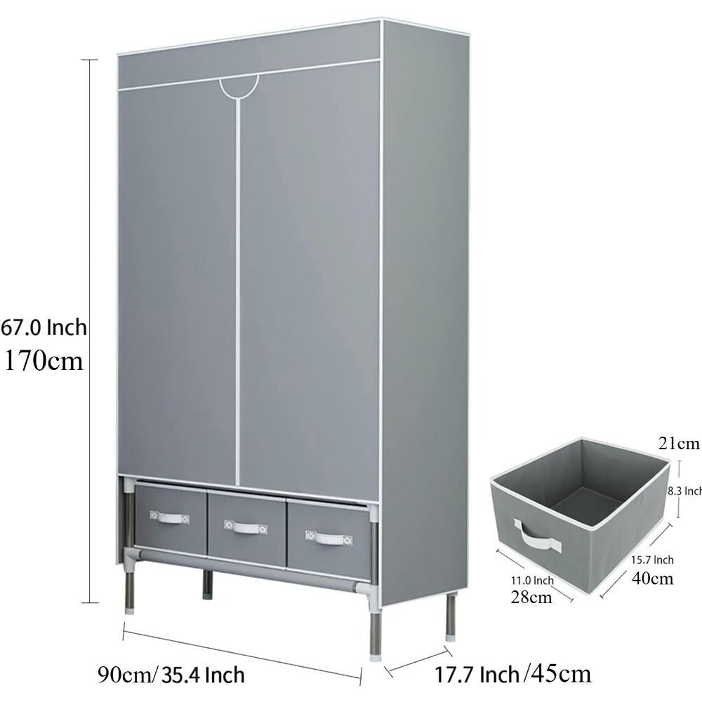 Portable Clothes Closet Rolling Door Wardrobe with Hanging Rack Non-Woven Fabric Storage Organizer with Three Drawer Boxes No-Tool Assembly - 67in*35.4in*17.7in(Gray) - Discount Msrp