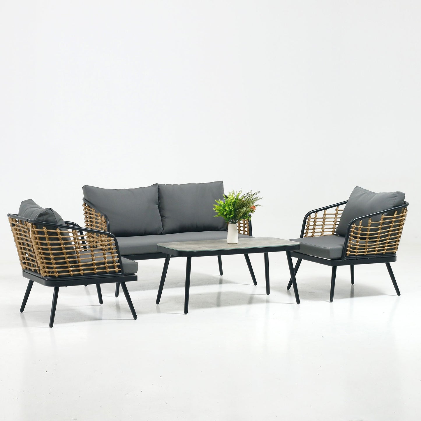 4 Pieces Patio Furniture Set, PE Rattan Wicker 4 Pcs Outdoor Sofa Set w/Washable Cushion and Tempered Glass Tabletop, Conversation Furniture for Garden Poolside Balcony - Discount Msrp