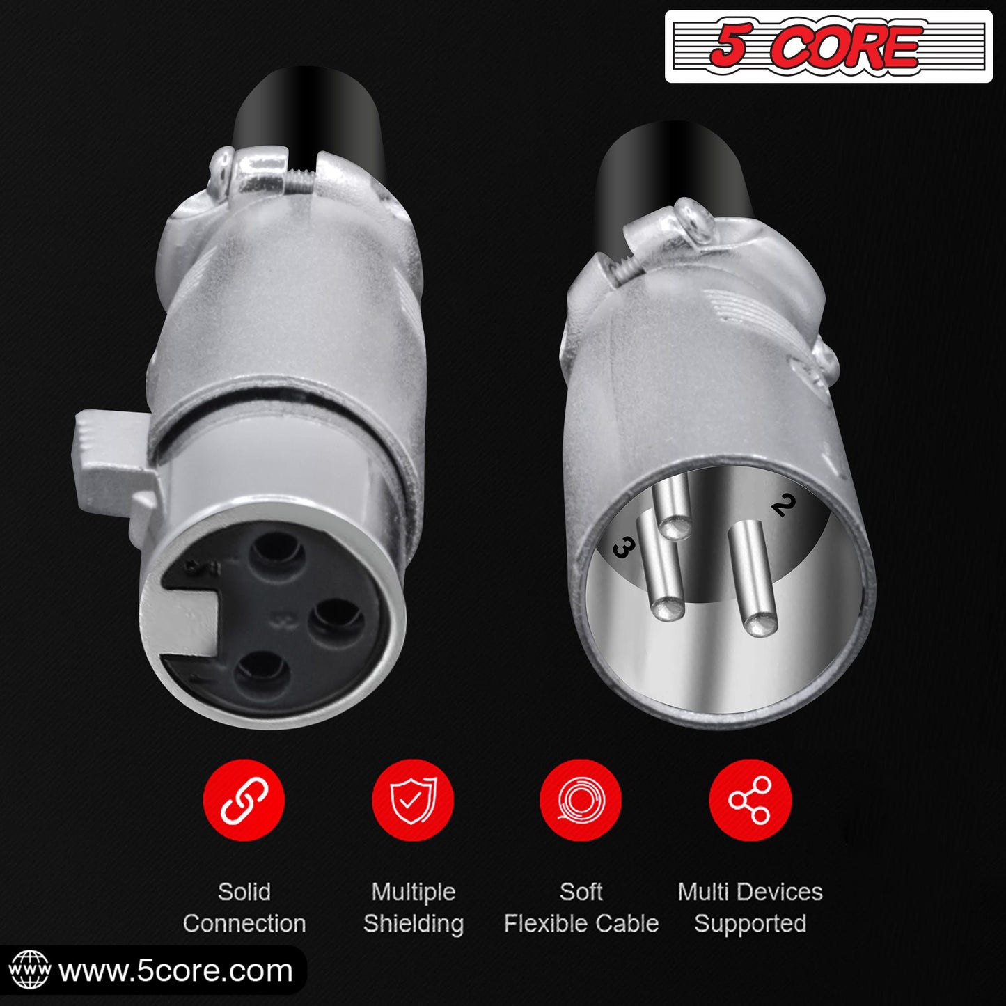 5Core XLR Connector Male Female to 1/4 Audio Jack 3 Pin Secure Mic Plug w Locking Ends - Discount Msrp