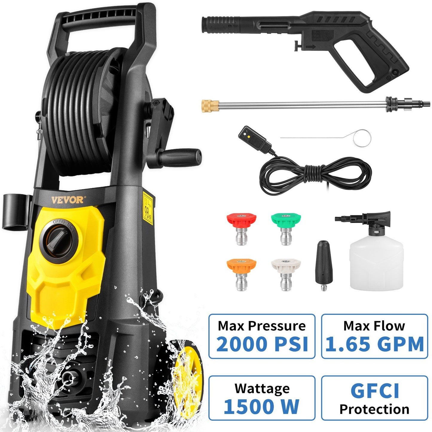 VEVOR Electric Pressure Washer, 2000 PSI, Max 1.65 GPM Power Washer w/ 30 ft Hose & Reel, 5 Quick Connect Nozzles, Foam Cannon, Portable to Clean Patios, Cars, Fences, Driveways, ETL Listed - Discount Msrp
