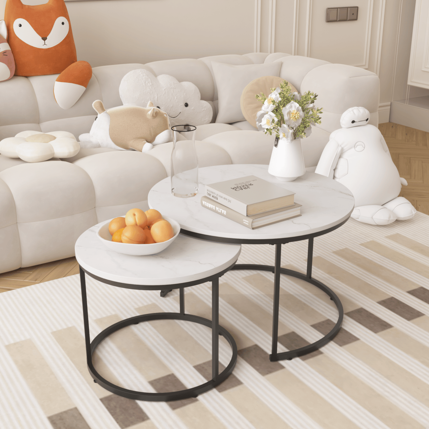Nesting Coffee Table Set of 2, 27.6inch Round Coffee Table Industrial Wood Finish with Sturdy Metal Frame, End Table Side Tables for Living Room Bedroom Balcony Yard - Discount Msrp