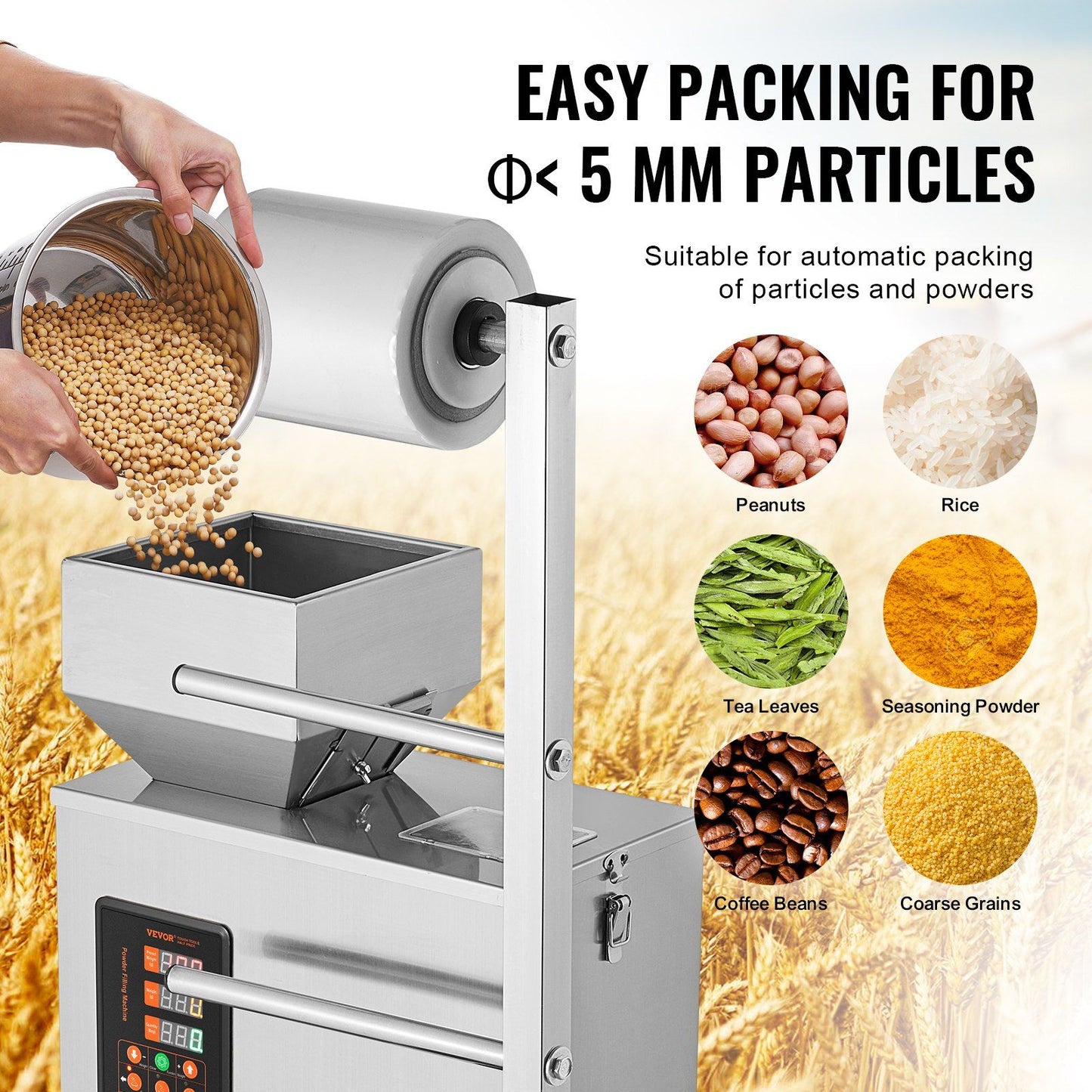 VEVOR Automatic Particle Packaging Machine, 0.002-0.22lbs/1-100g, Multi-Function Pouch Powder Sachet Weighting Filling Packing Machine, Powder Filler Machine for Tea Seeds Grains Flour Beans Glitter - Discount Msrp