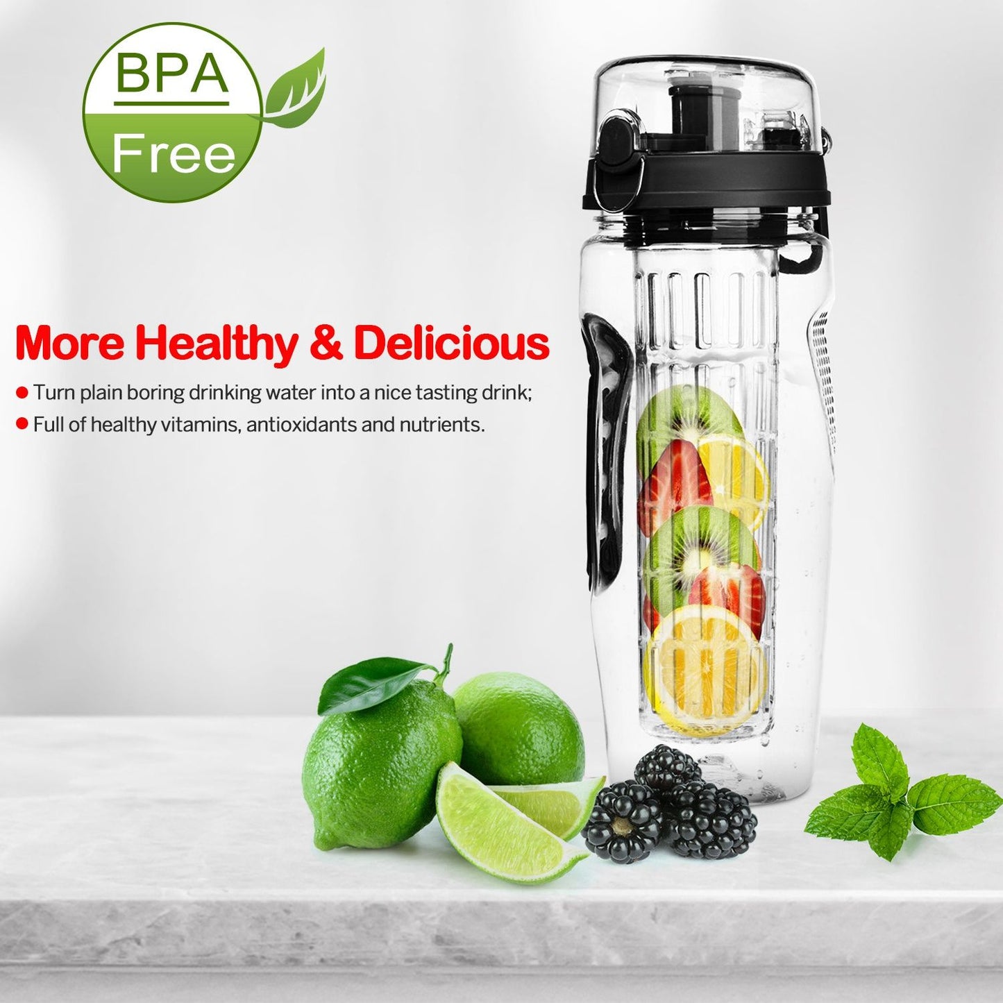 Fruit Infuser Water Bottle 32OZ Juice Shaker Sport w/ Flip Top Lid Anti-Slip Grips For Office Home Sport Running Walking Hiking - Discount Msrp