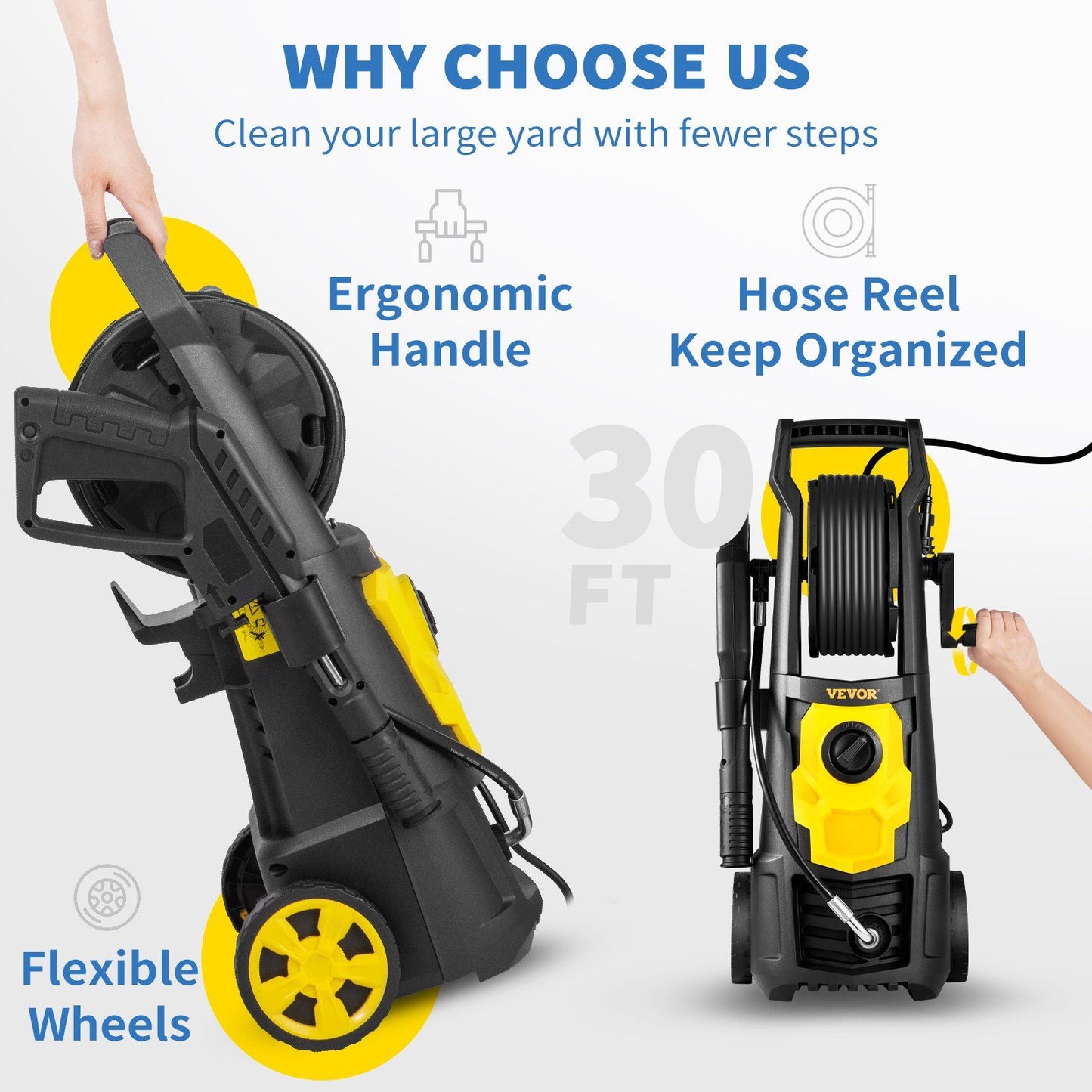 VEVOR Electric Pressure Washer, 2000 PSI, Max 1.65 GPM Power Washer w/ 30 ft Hose & Reel, 5 Quick Connect Nozzles, Foam Cannon, Portable to Clean Patios, Cars, Fences, Driveways, ETL Listed - Discount Msrp