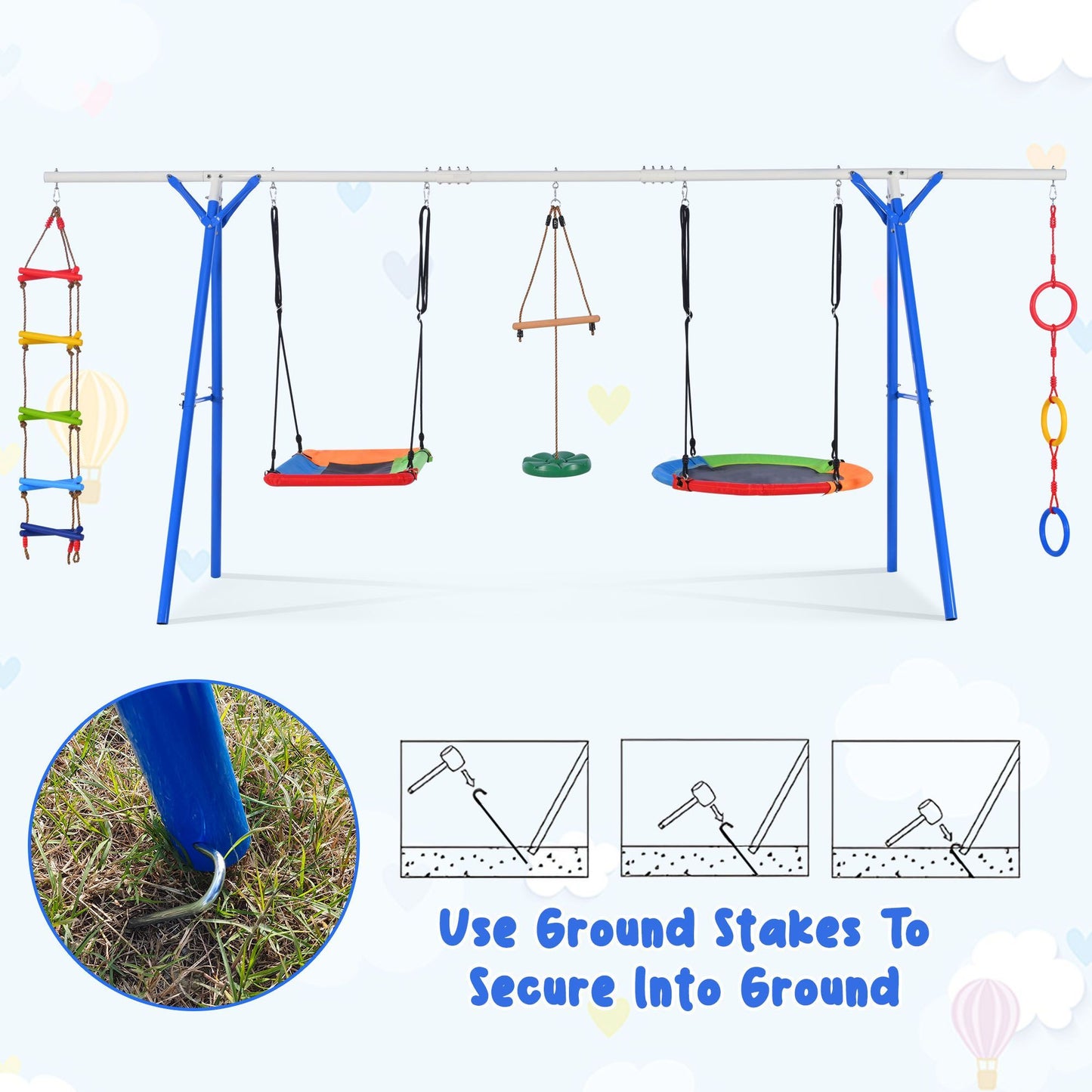 5 in 1 Outdoor Toddler Swing Set for Backyard, Playground Swing Sets with Steel Frame, Multifunction Playsets for Kids with Climbing Ladder, Saucer Swing, Monkey Bar Swing, Disc Swing and Swing Ring - Discount Msrp