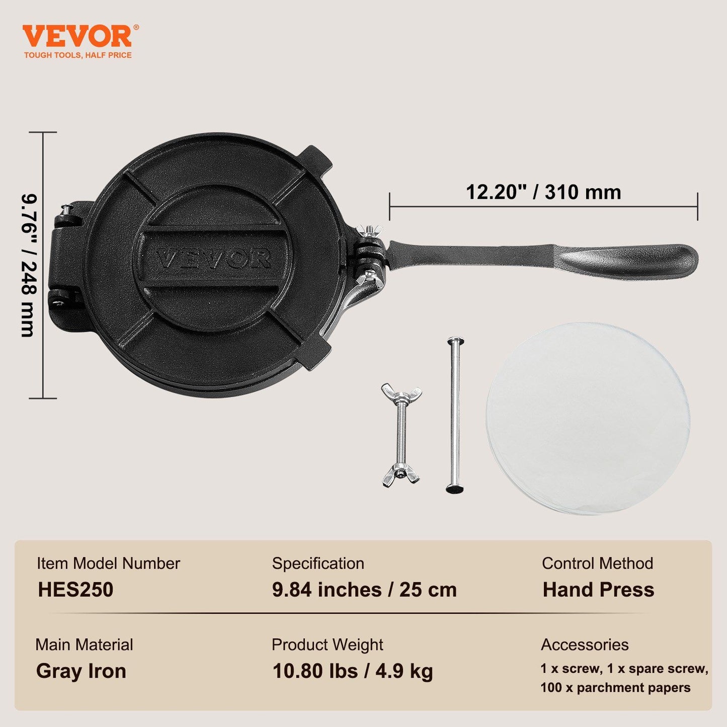 VEVOR Tortilla Press, 10 Inch Tortilla and Roti Maker, Cast Iron Heavy Duty Tortilladora Press, Pre-Seasoned Pataconera Maker with 100 Pcs Parchment Paper, Dough Maker for Flour Tortilla, Tawa, Silver - Discount Msrp