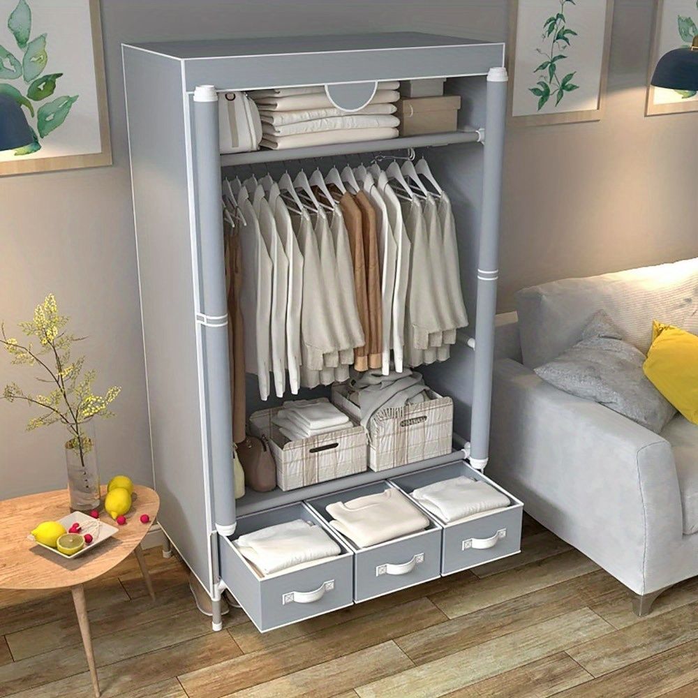 Portable Clothes Closet Rolling Door Wardrobe with Hanging Rack Non-Woven Fabric Storage Organizer with Three Drawer Boxes No-Tool Assembly - 67in*35.4in*17.7in(Gray) - Discount Msrp