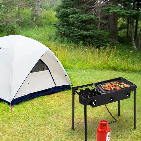 Outdoor Camp Stove High Pressure Propane Gas Cooker Portable Cast Iron Patio Cooking Burner (Three Burner 225000-BTU) - Discount Msrp