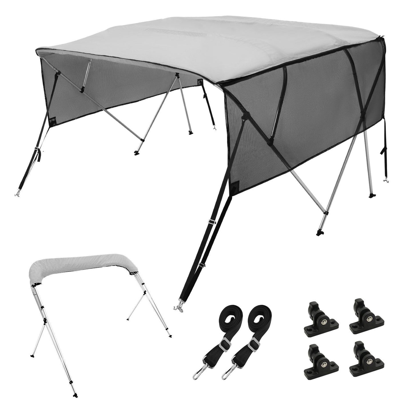 VEVOR 4 Bow Bimini Top Boat Cover, Detachable Mesh Sidewalls, 600D Polyester Canopy with 1" Aluminum Alloy Frame, Includes Storage Boot, 2 Straps, 2 Support Poles, 8'L x 54"H x 85"-90"W, Light Grey - Discount Msrp