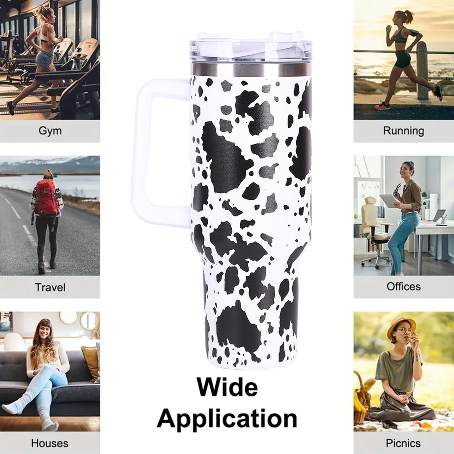 40oz 5D cowprint Insulated Tumbler With Handle And Straw Lid Portable Large Capacity water bottle, Heat preservation,304 Stainless Steel Cup For Outdoor Sports, Travel & Camping Birthday Gift - Discount Msrp