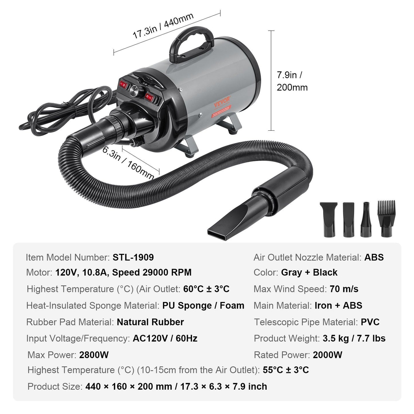 VEVOR Dog Dryer, 2800W/4.3HP Dog Blow Dryer, Pet Grooming Dryer with Adjustable Speed and Temperature Control, Pet Hair Dryer with 4 Nozzles and Extendable Hose, Grey and Black - Discount Msrp