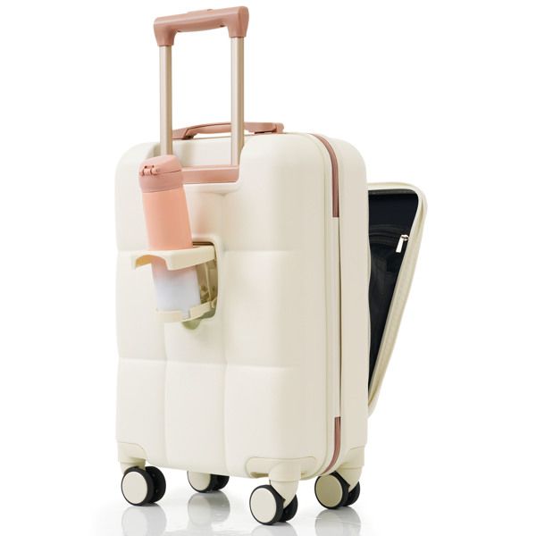 Luggage Sets 3 Piece, 20-inch with USB Port and front opening design, ABS Hard Shell Luggage with Spinner Wheels, Cup Holder, white - Discount Msrp