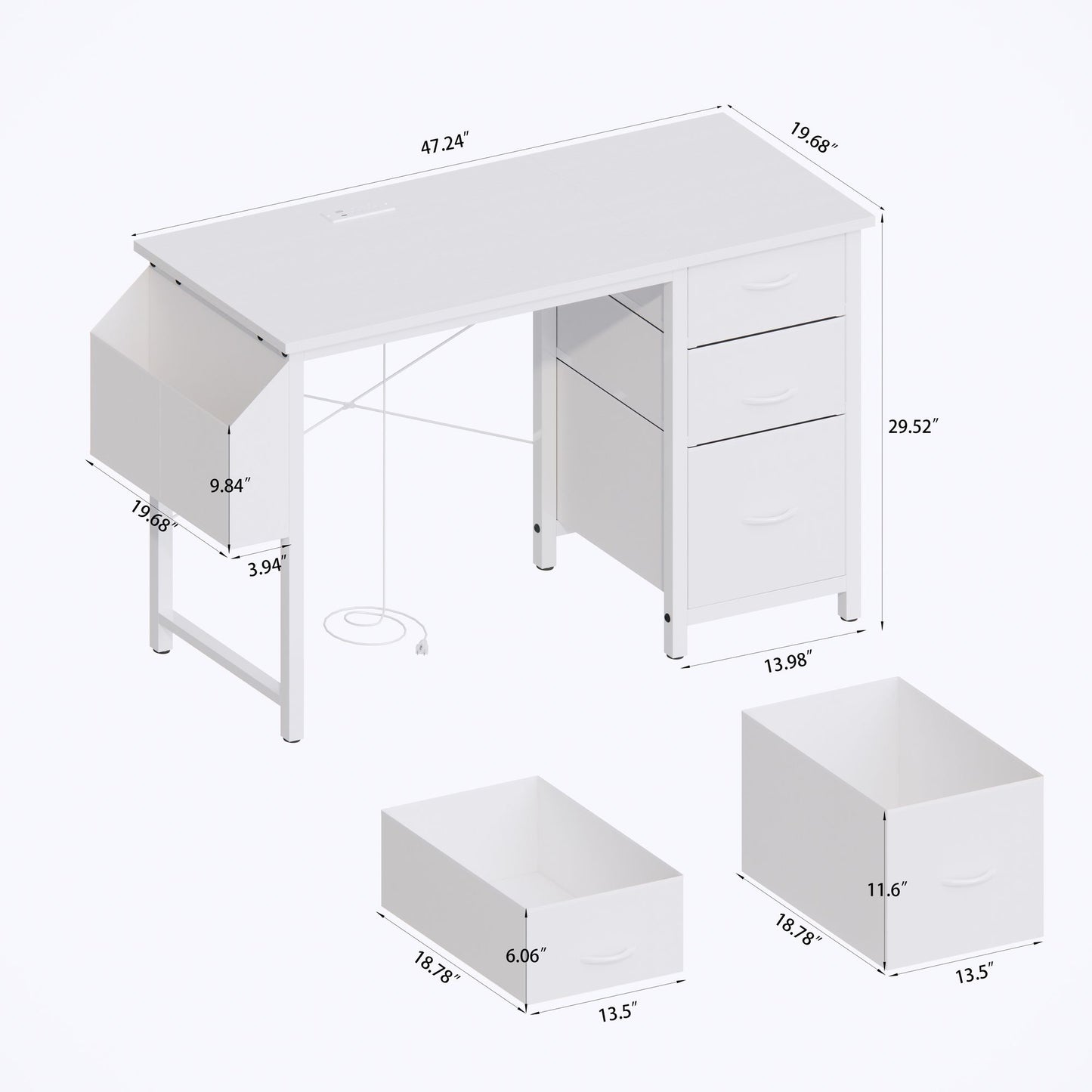 47"office desk with power outlet,3 drawers,Side Pocket, Study Desk Easy to Assemble,Frame stability Reversible for home desk, company computer desk, game table,Vanity table, white - Discount Msrp