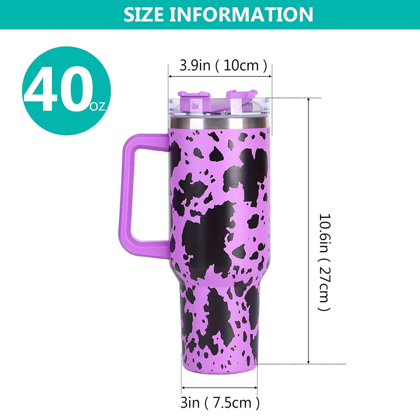 40oz 5D cowprint Insulated Tumbler With Handle And Straw Lid Portable Large Capacity water bottle, Heat preservation,304 Stainless Steel Cup For Outdoor Sports, Travel & Camping Birthday Gift - Discount Msrp